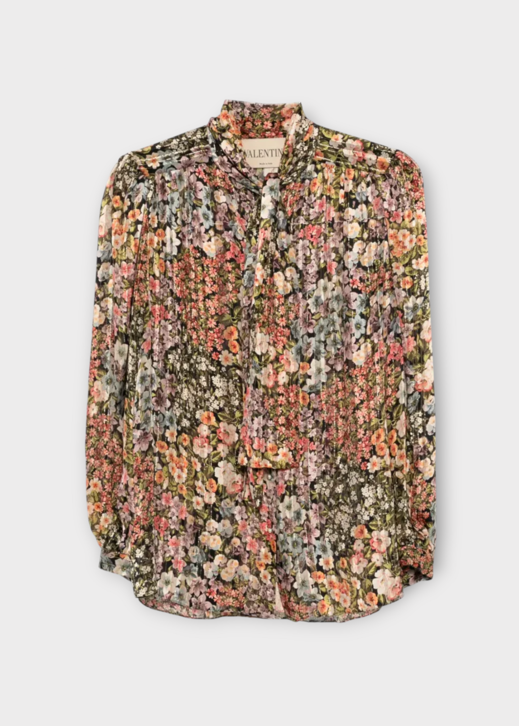 Valentino Valentino Shirt, Multi, Mossi Pekin Apres L'Hiver Silk Bow Tie Shirt In Multicolour w/ All Over Flowers