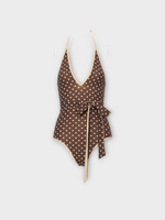 Valentino Valentino Swimwear, Print, V-Neck One Piece Swimsuit In Deep Chocolate & Betulla w/ Polka Dot Print