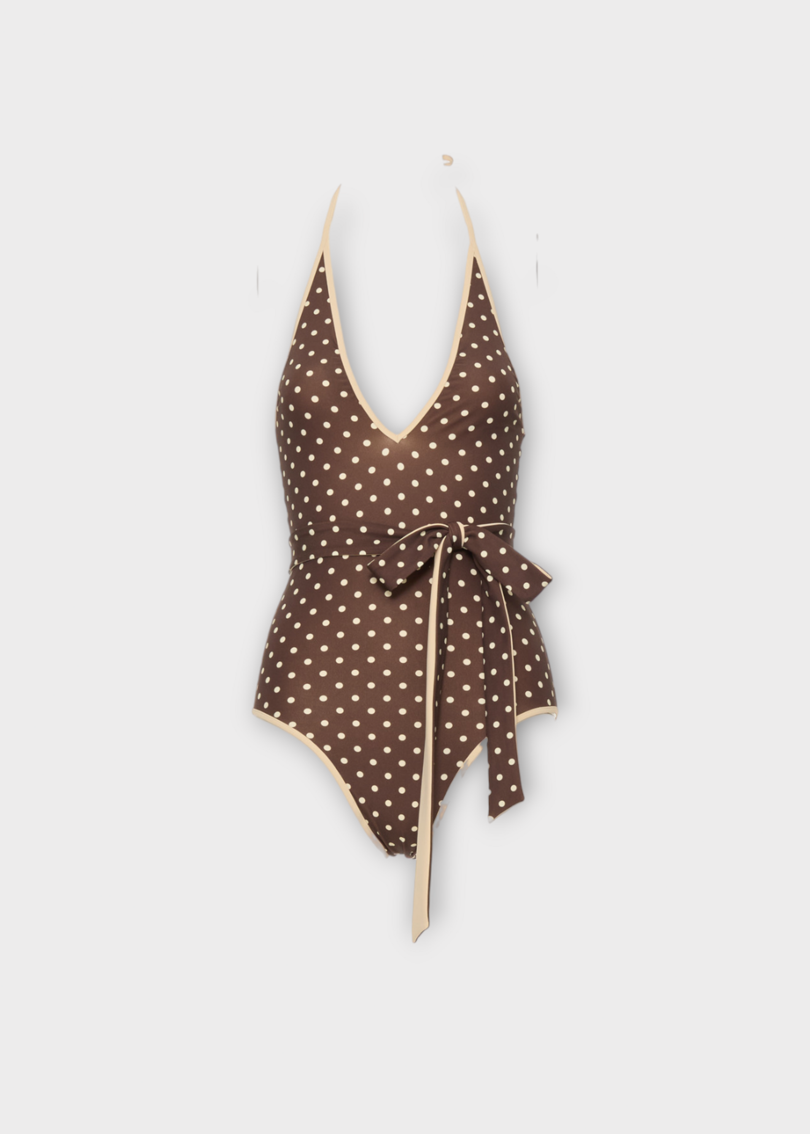 Valentino Valentino Swimwear, Print, V-Neck One Piece Swimsuit In Deep Chocolate & Betulla w/ Polka Dot Print