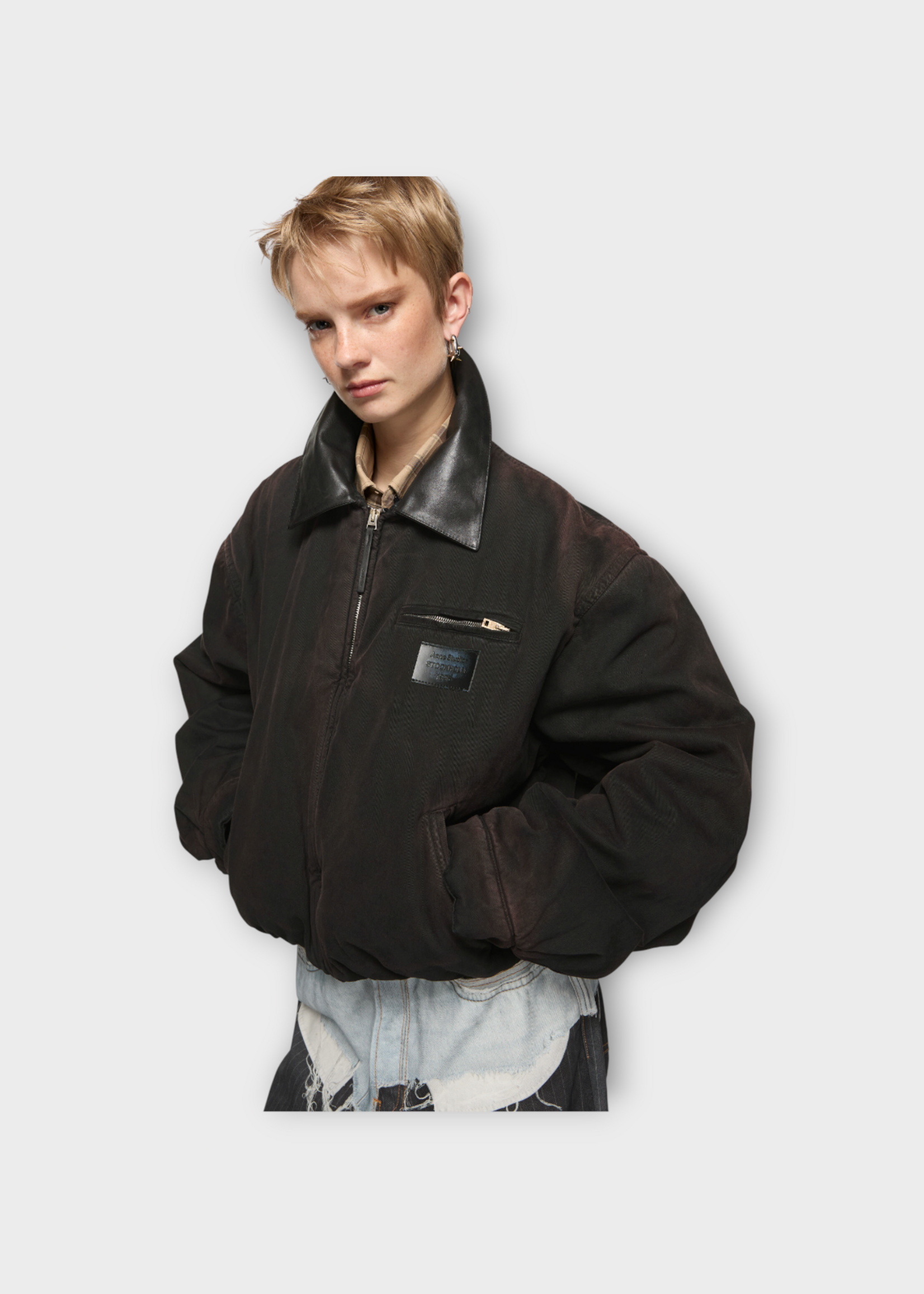 Acne Studio Acne Studio Jacket, Brown, Cotton Relaxed Fit Zipped Bomber In Dark Brown w/ Logo Patch & Leather Collar