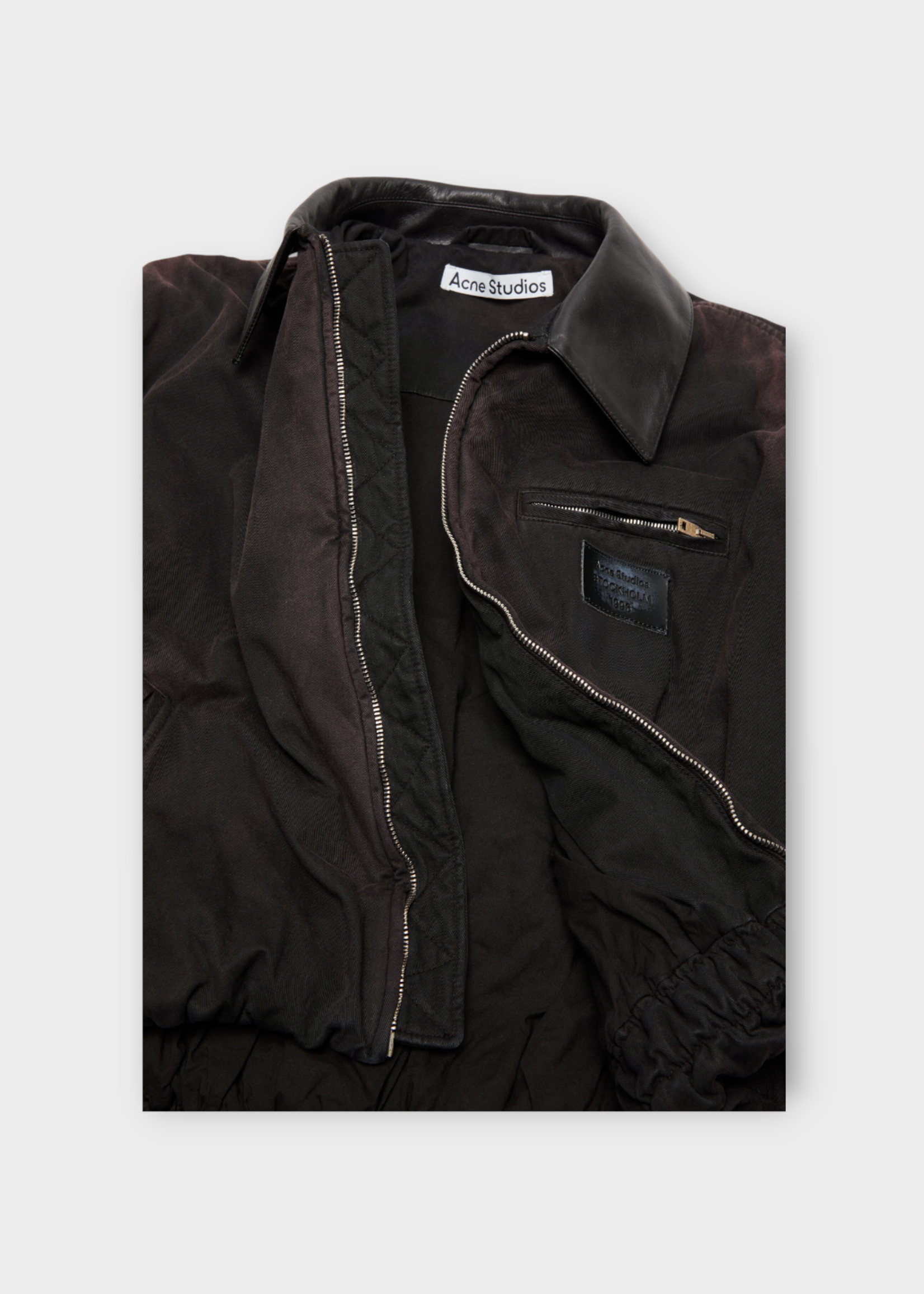 Acne Studio Acne Studio Jacket, Brown, Cotton Relaxed Fit Zipped Bomber In Dark Brown w/ Logo Patch & Leather Collar