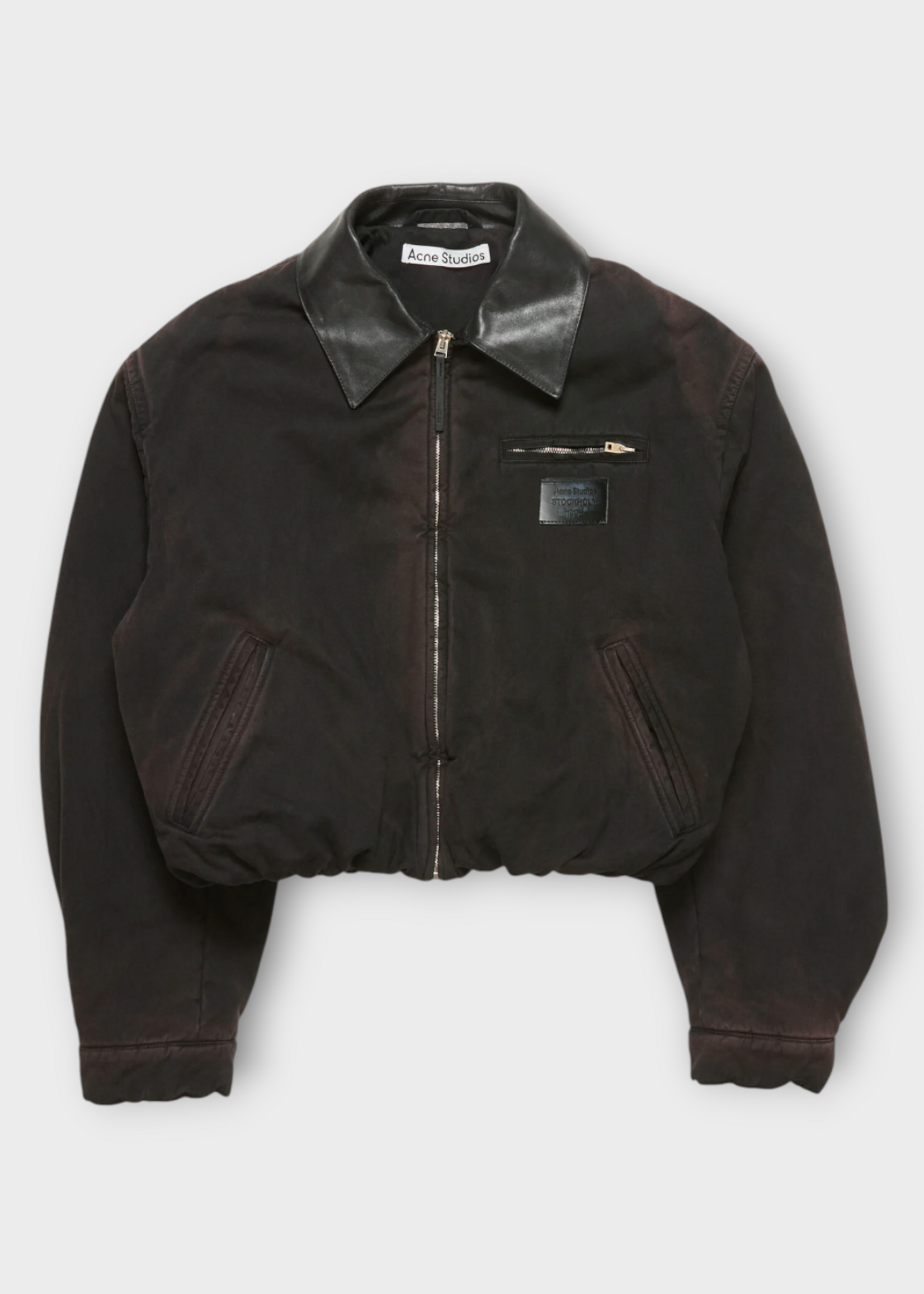 Acne Studio Acne Studio Jacket, Brown, Cotton Relaxed Fit Zipped Bomber In Dark Brown w/ Logo Patch & Leather Collar