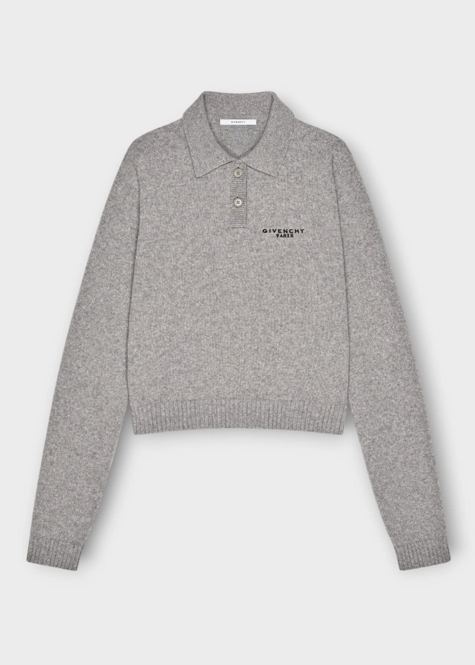 Givenchy Givenchy Knitwear, Grey, Wool & Cashmere Long Sleeves Polo Sweater In Light Grey w/ Chest Embroidery
