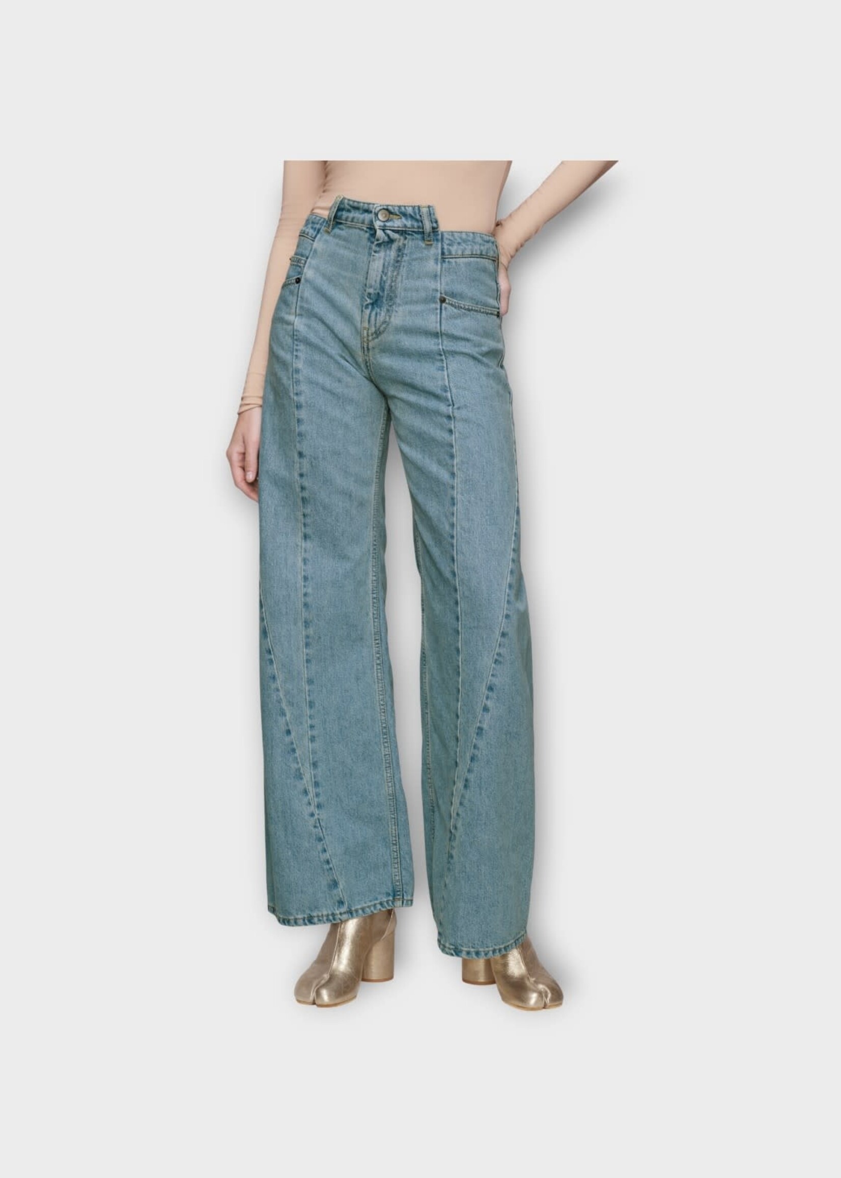 Maison Margiela Maison Margiela Jeans, Blue, Cotton 5 Pockets Panelled Denim Pants in Medium Blu Stone Wash w/ Waist Cut Out #31