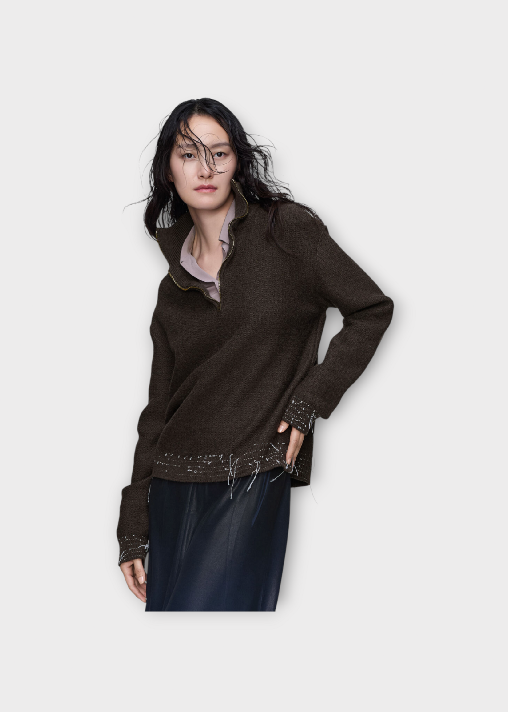 Maison Margiela Maison Margiela Knitwear, Brown, Wool Half Zip Sweater In Brown w/ Loose Threads Details