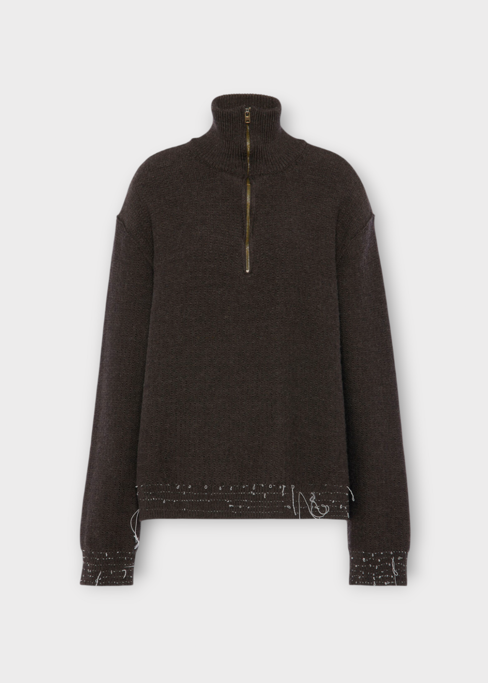 Maison Margiela Maison Margiela Knitwear, Brown, Wool Half Zip Sweater In Brown w/ Loose Threads Details