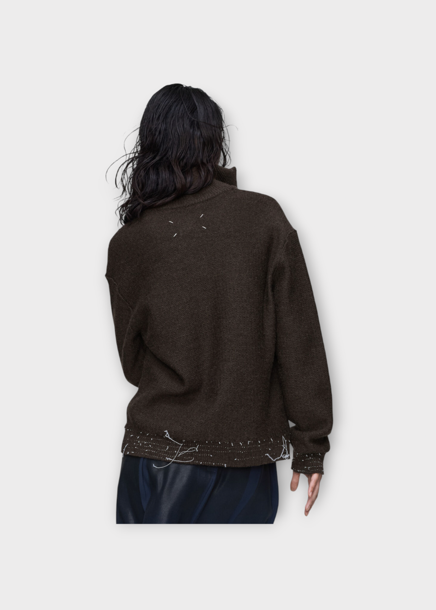 Maison Margiela Maison Margiela Knitwear, Brown, Wool Half Zip Sweater In Brown w/ Loose Threads Details