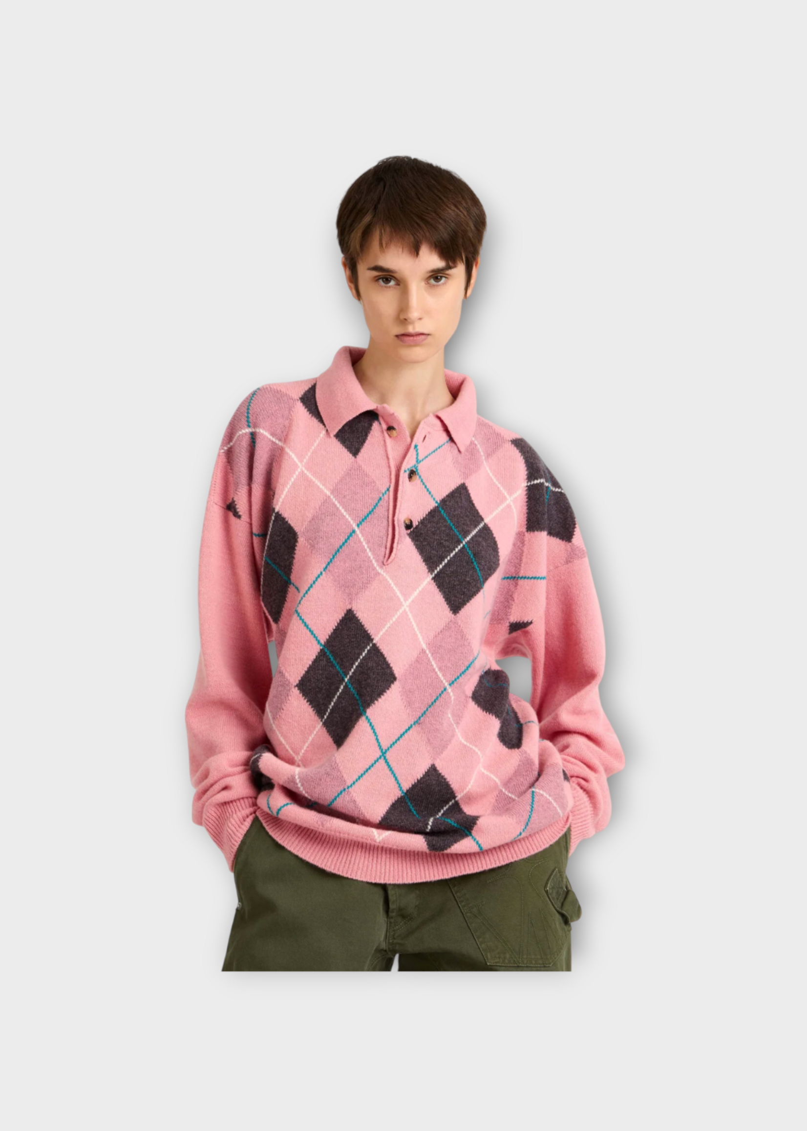 J.W. Anderson J.W. Anderson Sweatshirt, Pink,  JWA x Pringle Wool Long Sleeve Polo In Bubblegum w/ Argyle Pattern