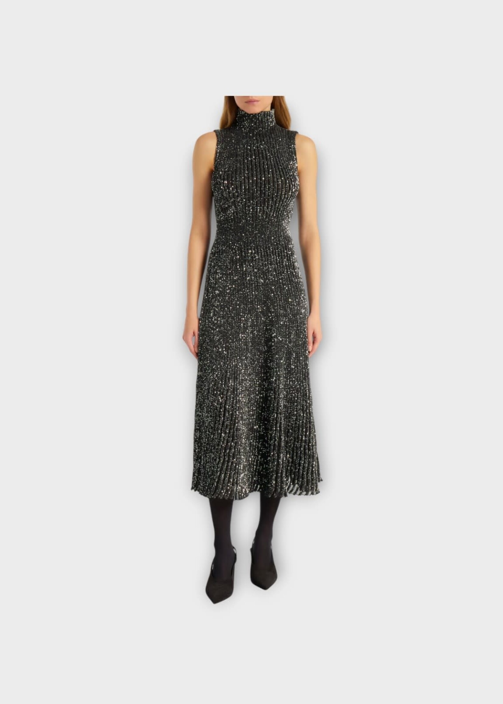 Alaia Alaia Dress, Black, High Neck Sleeveless Flare Sequin Long Dress Dress