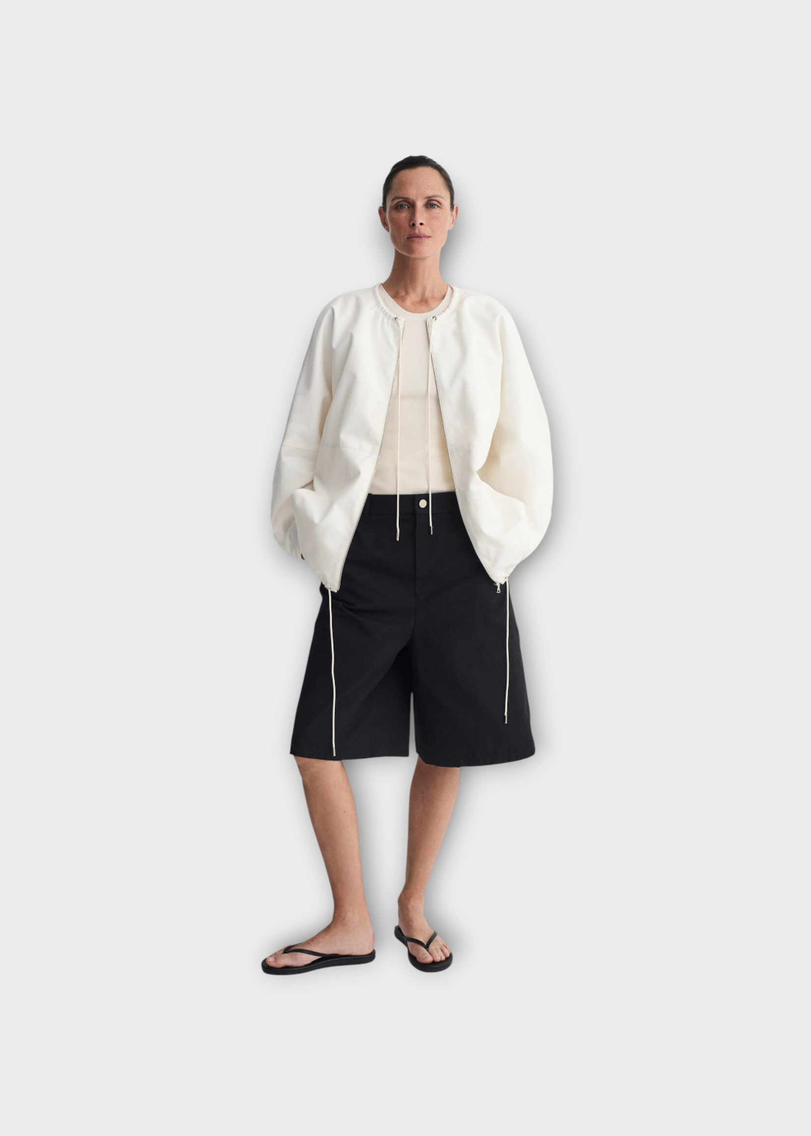 Partow Partow Jacket, White, Bond Cotton Canvas Bomber Jacket in Ivory w/ Drawcord Detail