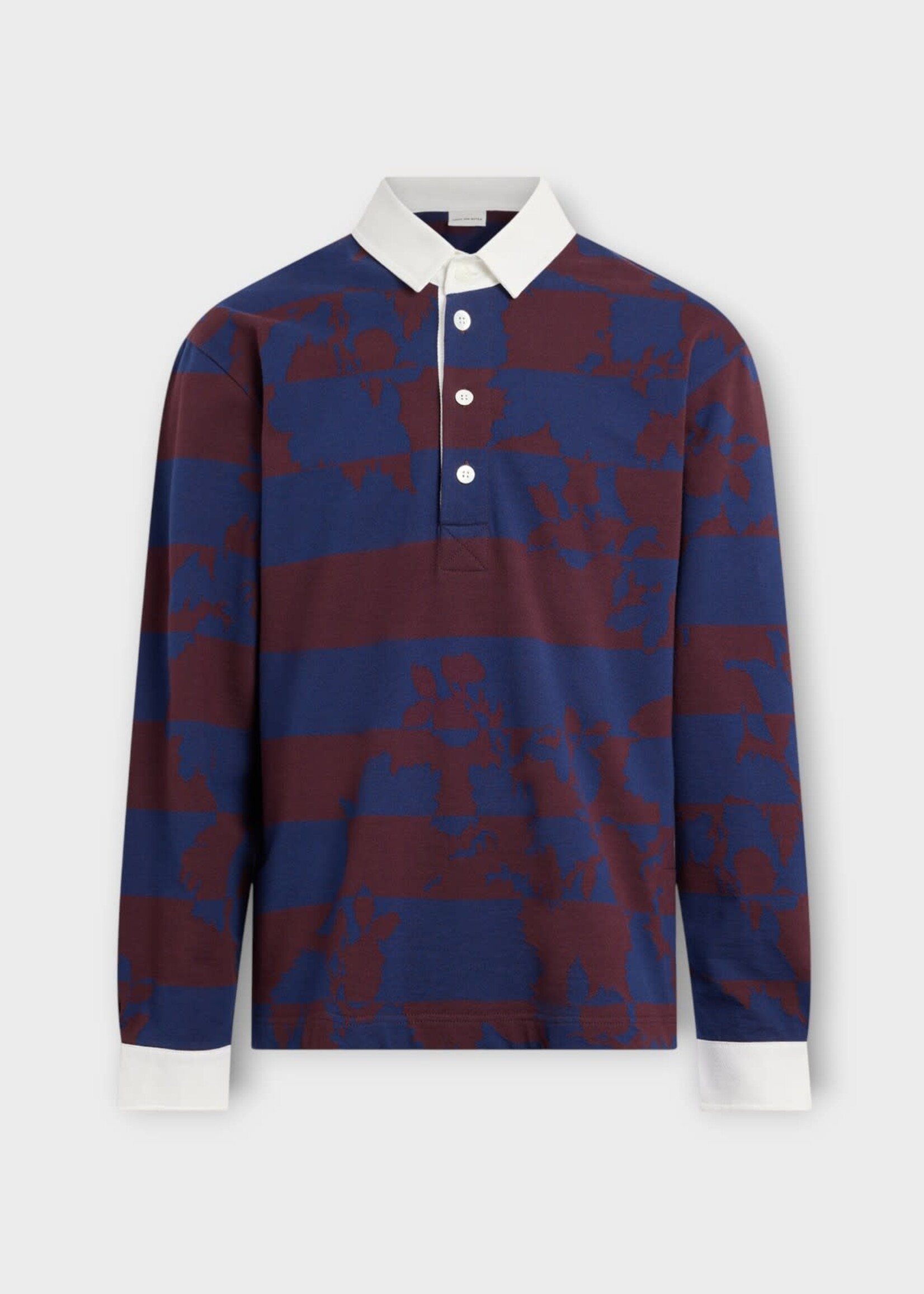 Dries Van Noten Dries Van Noten Polo, Print, Hucho Cotton Collared Striped Long Sleeve Polo In Burgundy & Navy