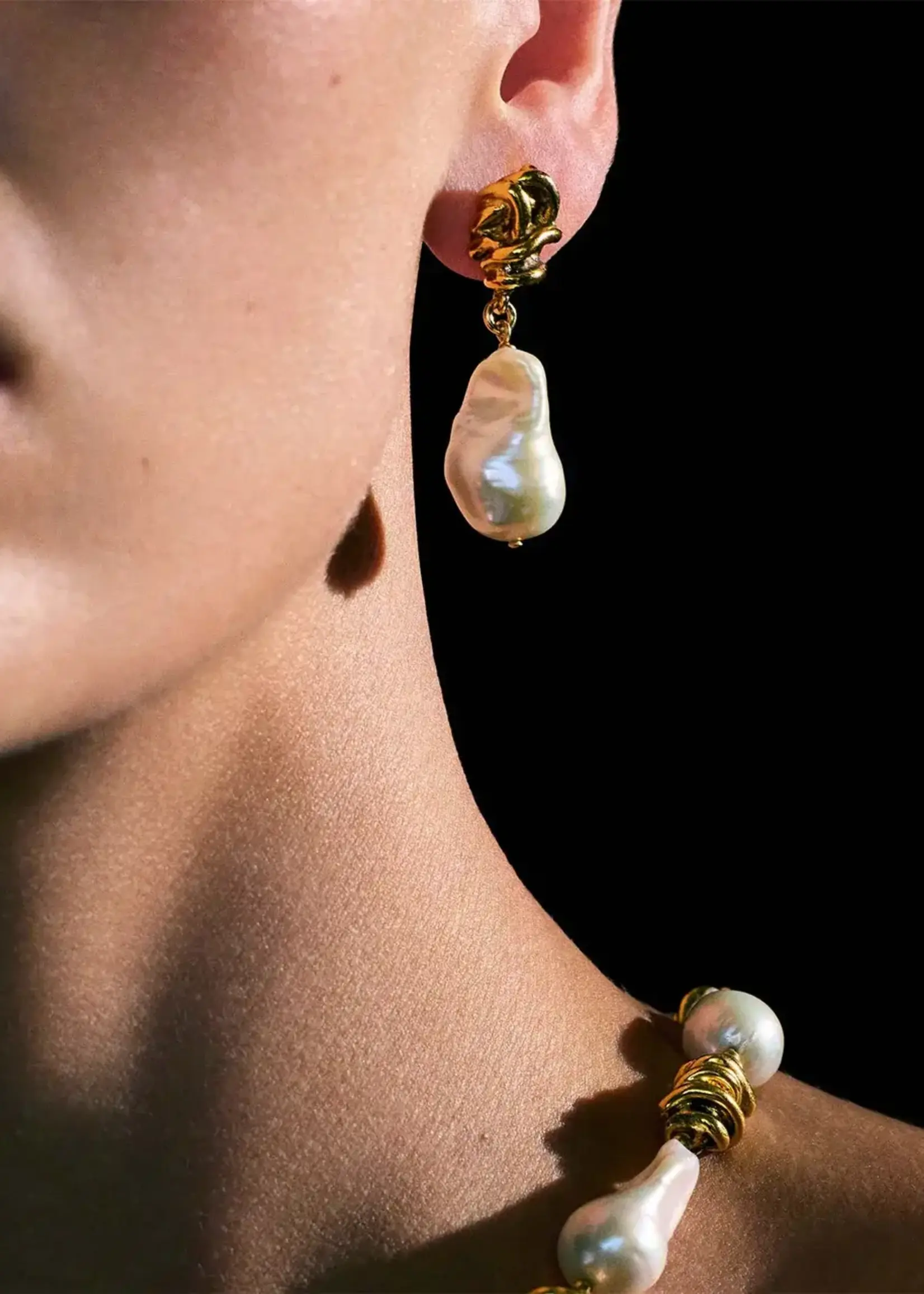 Goossens Goossens Earrings, White, Bo Pin Riviera 24K Gold Pleated & Pearls Pendant Earrings In White