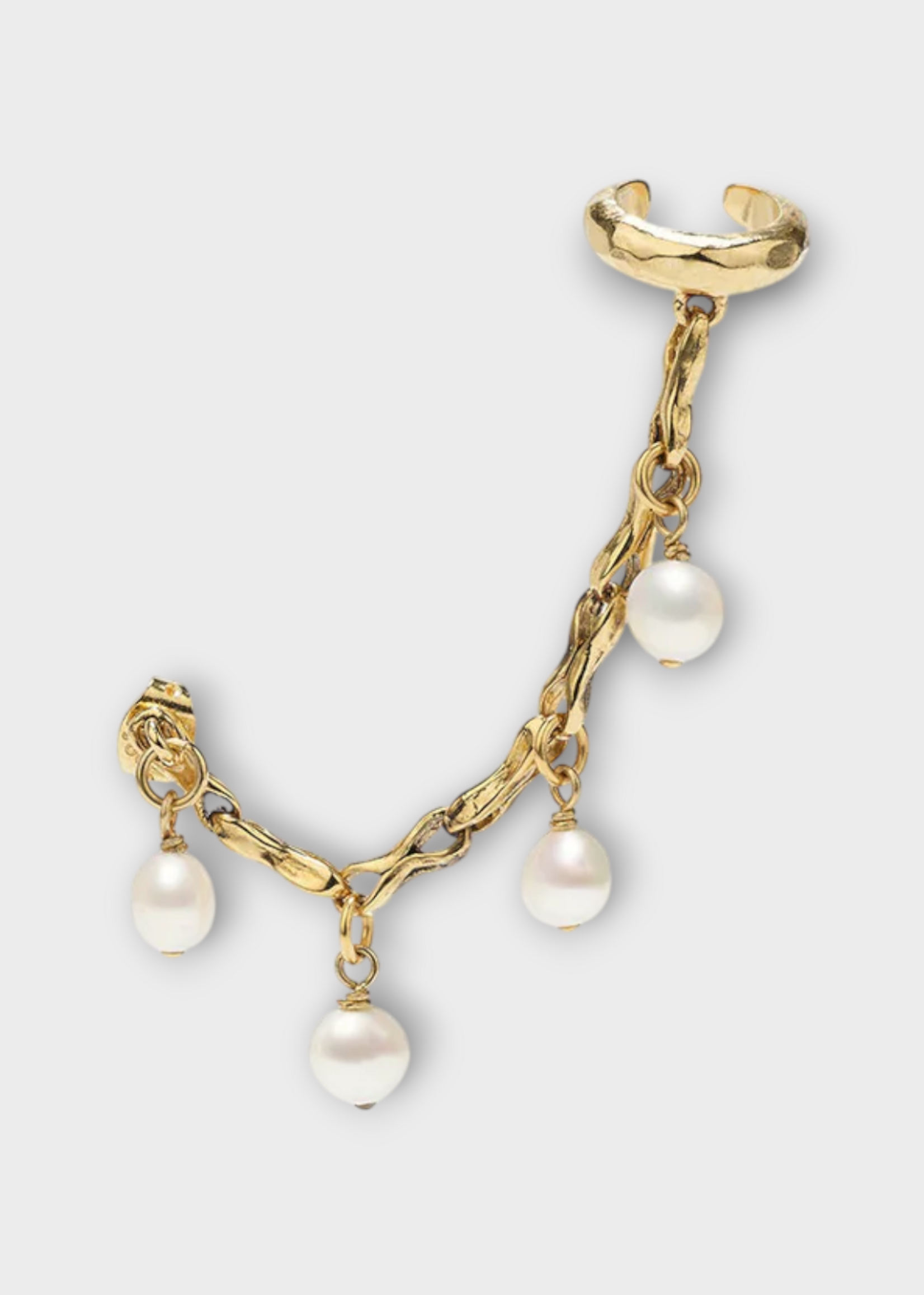 Goossens Goossens Earring, White, Riviera Pin Chain 24K Gold Pleated & Pearls Ear cuff In White