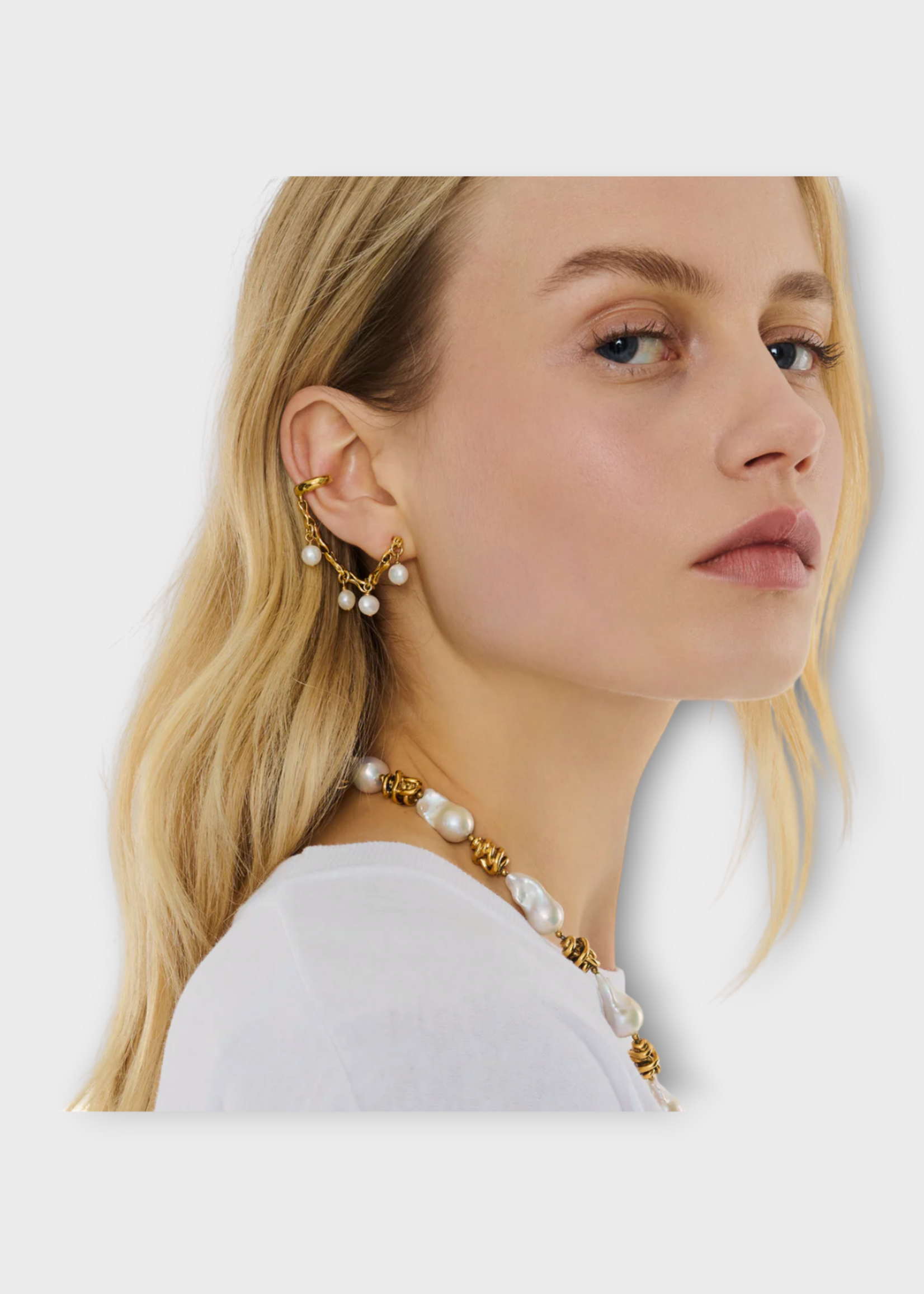 Goossens Goossens Earring, White, Riviera Pin Chain 24K Gold Pleated & Pearls Ear cuff In White