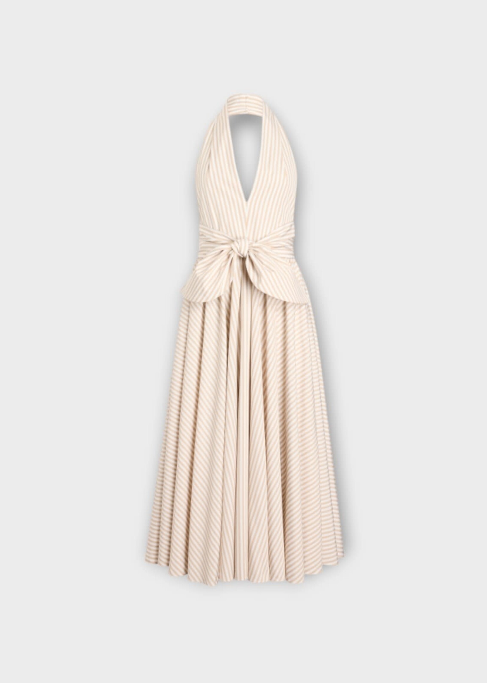 Patou Patou Dress, Print, Halter Neck Knot Midi Dress In Beige & White w/ Dolce Coffee Stripes Print