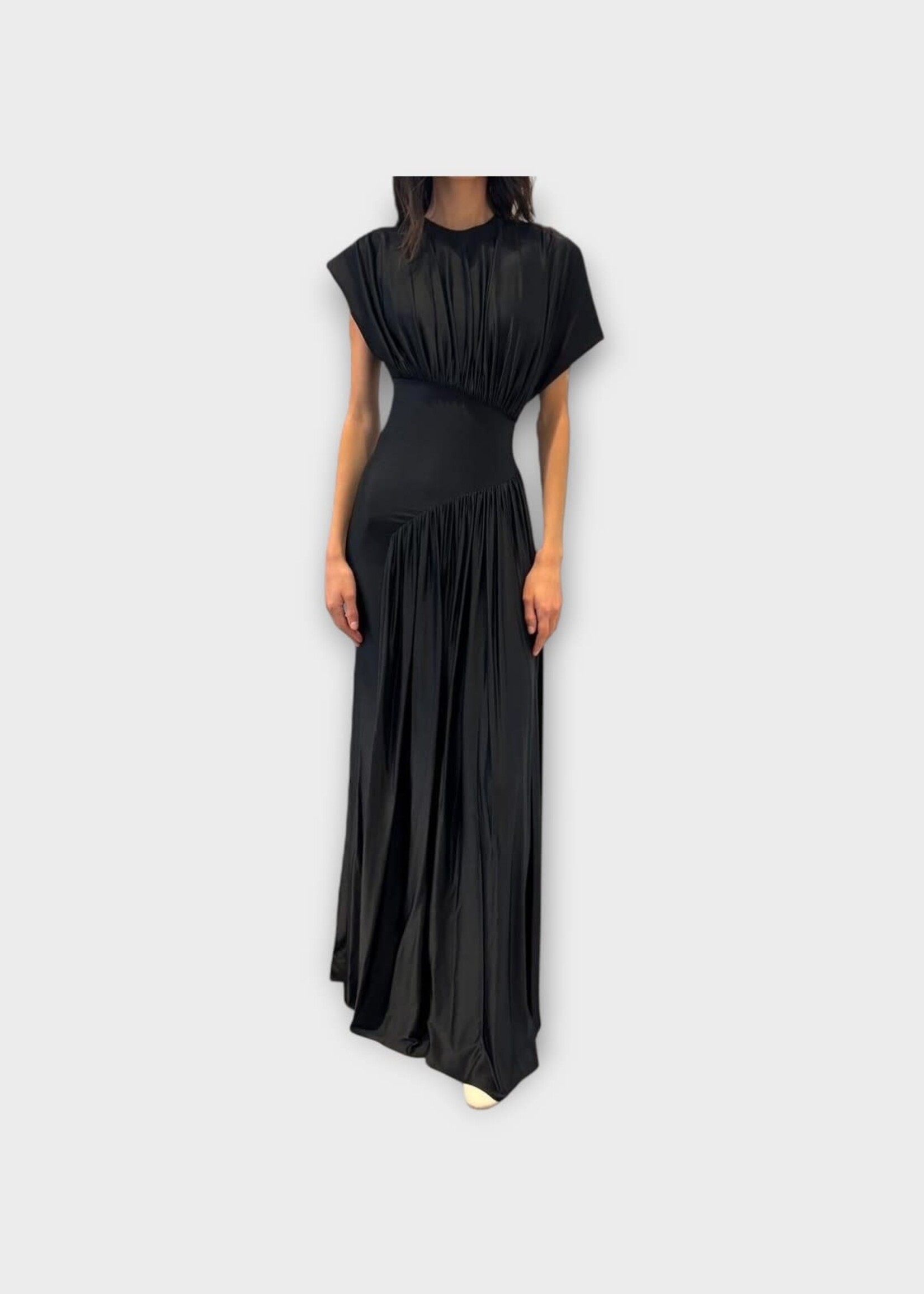 Rabanne Rabanne Dress, Black, Crew Neck Short Sleeve Long Dress In Black w/ Ruched Details