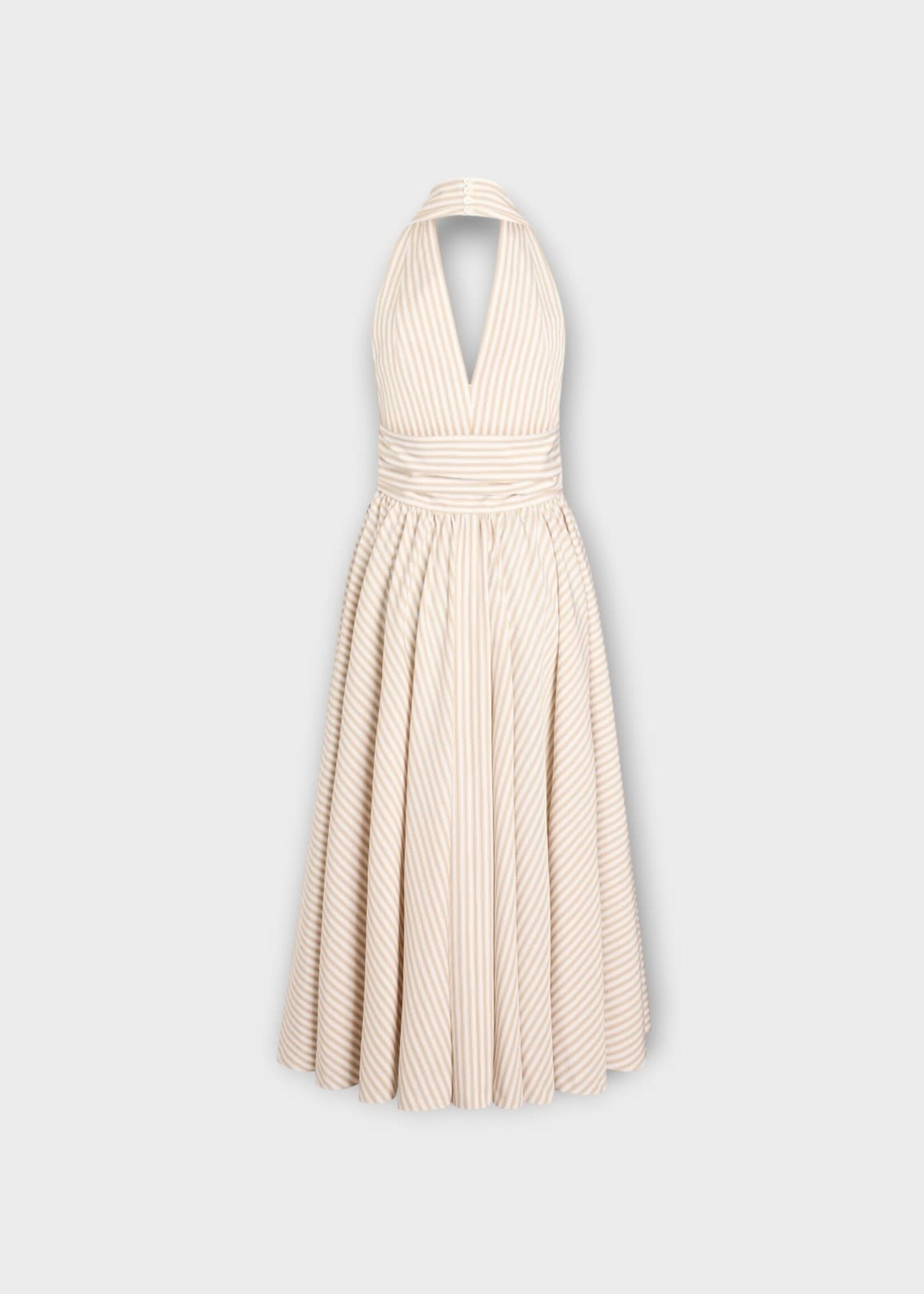 Patou Patou Dress, Print, Halter Neck Knot Midi Dress In Beige & White w/ Dolce Coffee Stripes Print