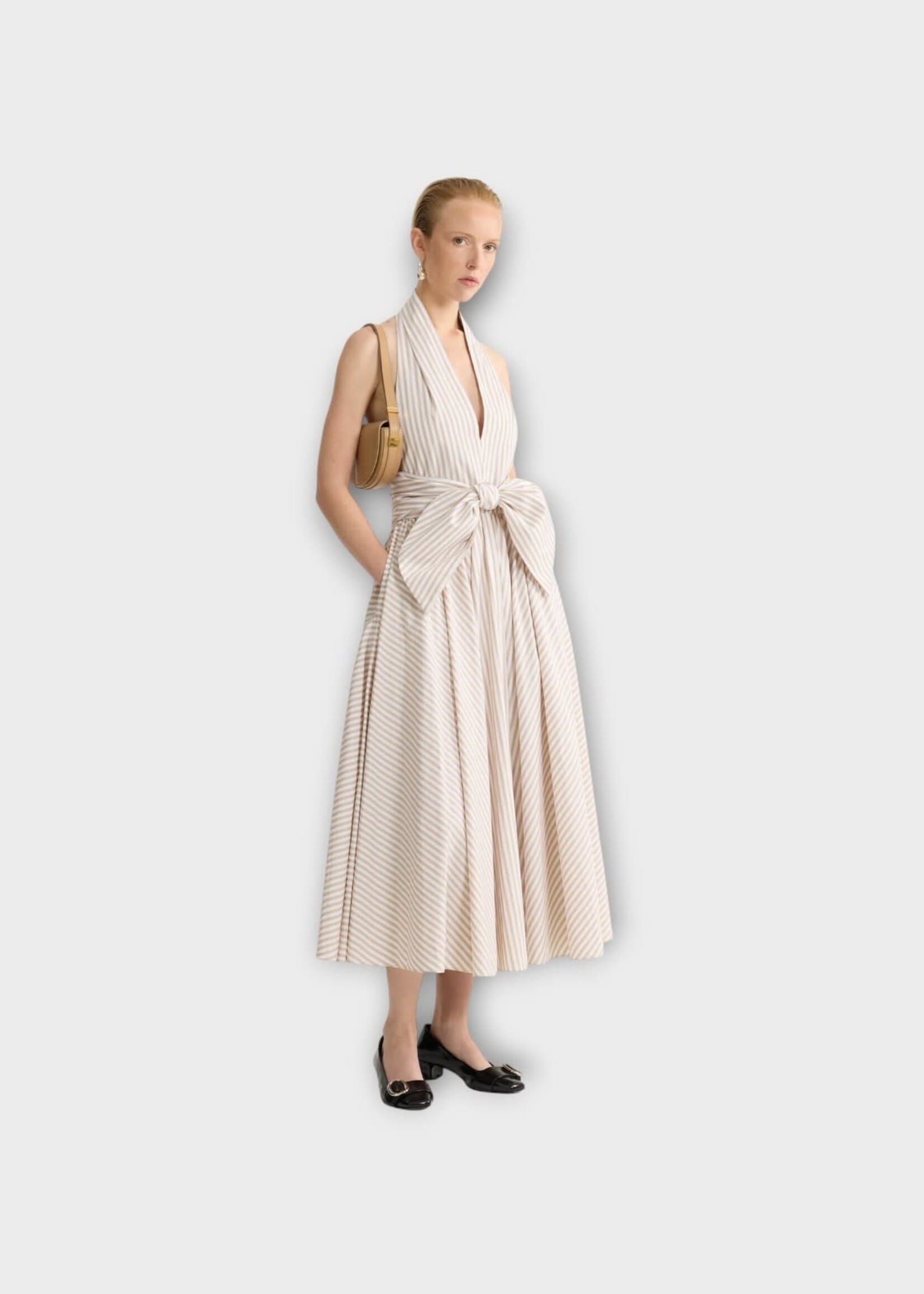 Patou Patou Dress, Print, Halter Neck Knot Midi Dress In Beige & White w/ Dolce Coffee Stripes Print