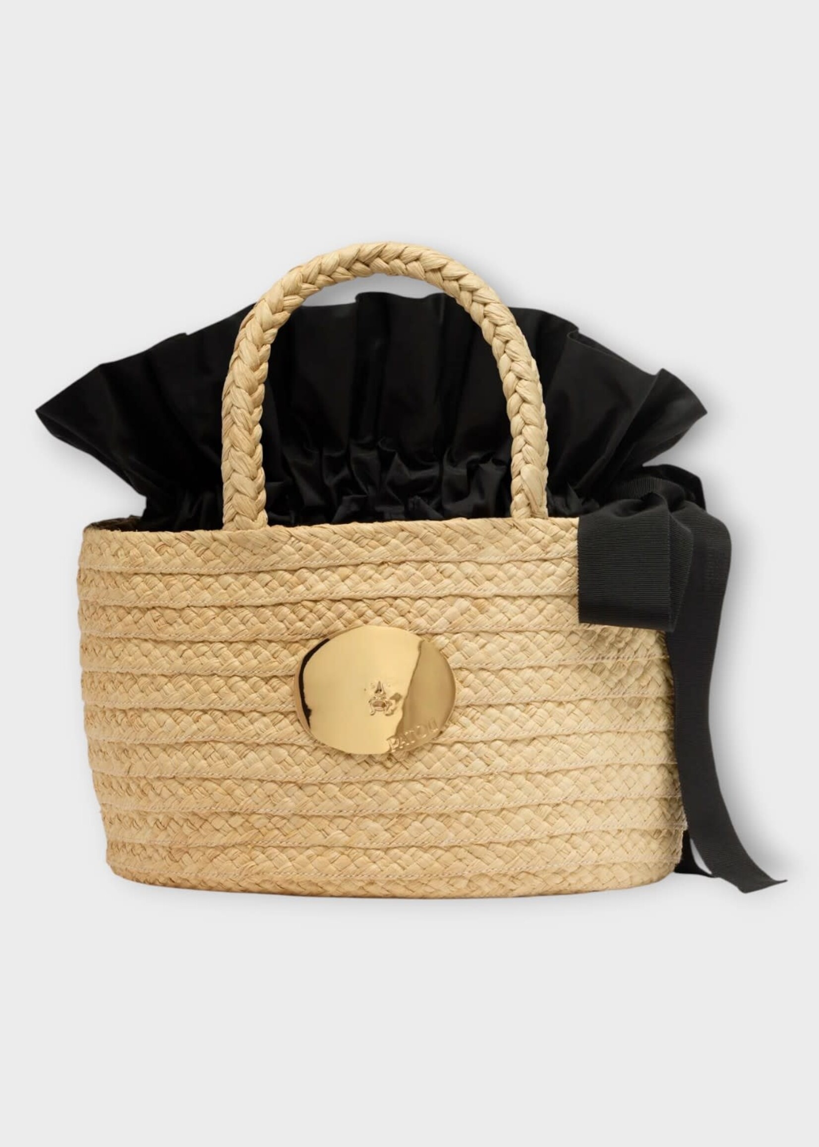 Patou Patou Bag, Beige, Raffia Bucket Bag In Vanilla w/ Gold Embellishment