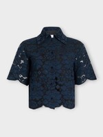 Patou Patou Shirt, Blue, Cotton Blend Short Sleeves Shirt In Deep Sea Blue w/ Floral Embroidery