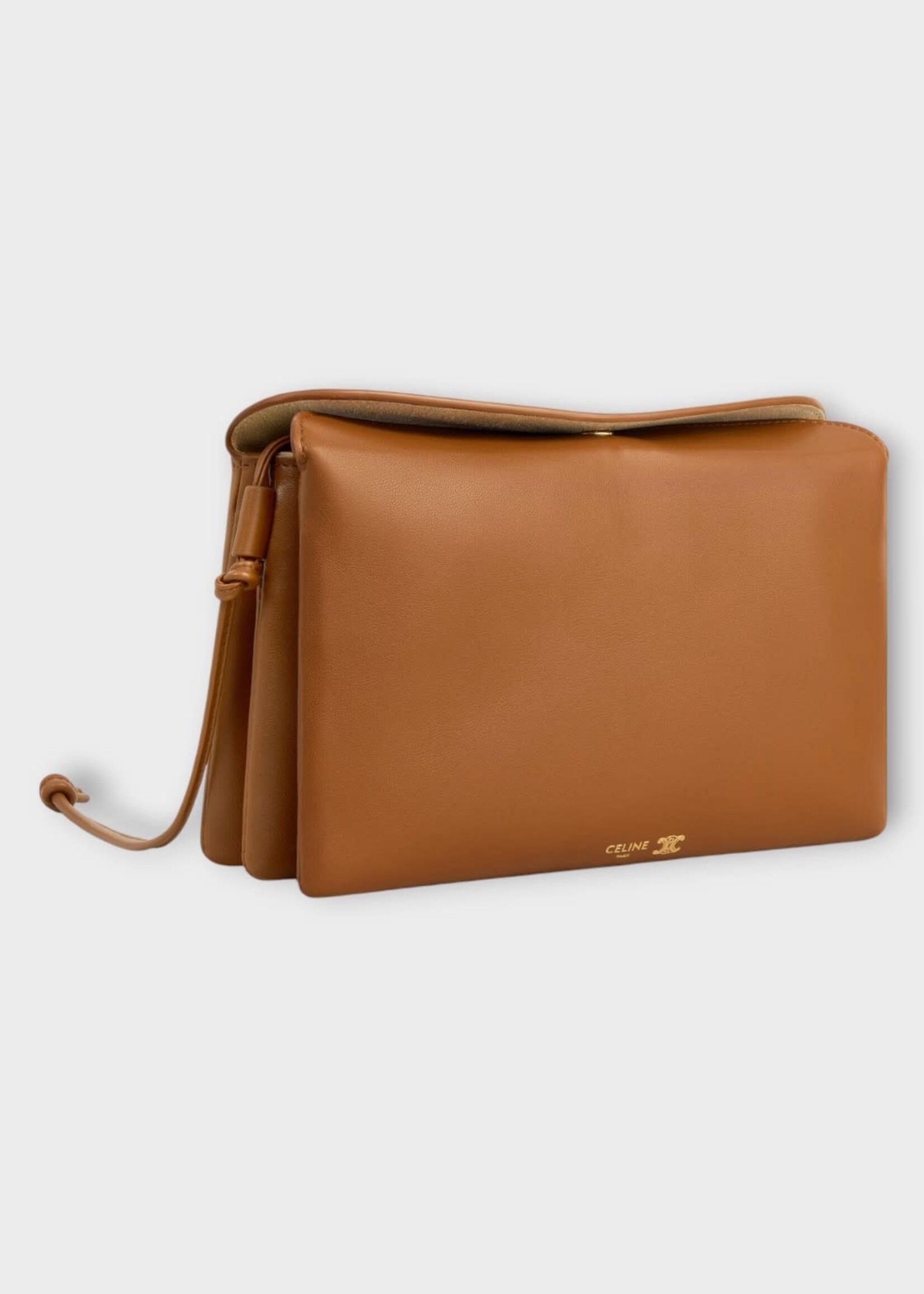 Celine Celine Bag, Brown, Trio Flap Lambskin Leather Shoulder Bag in Soft Tan