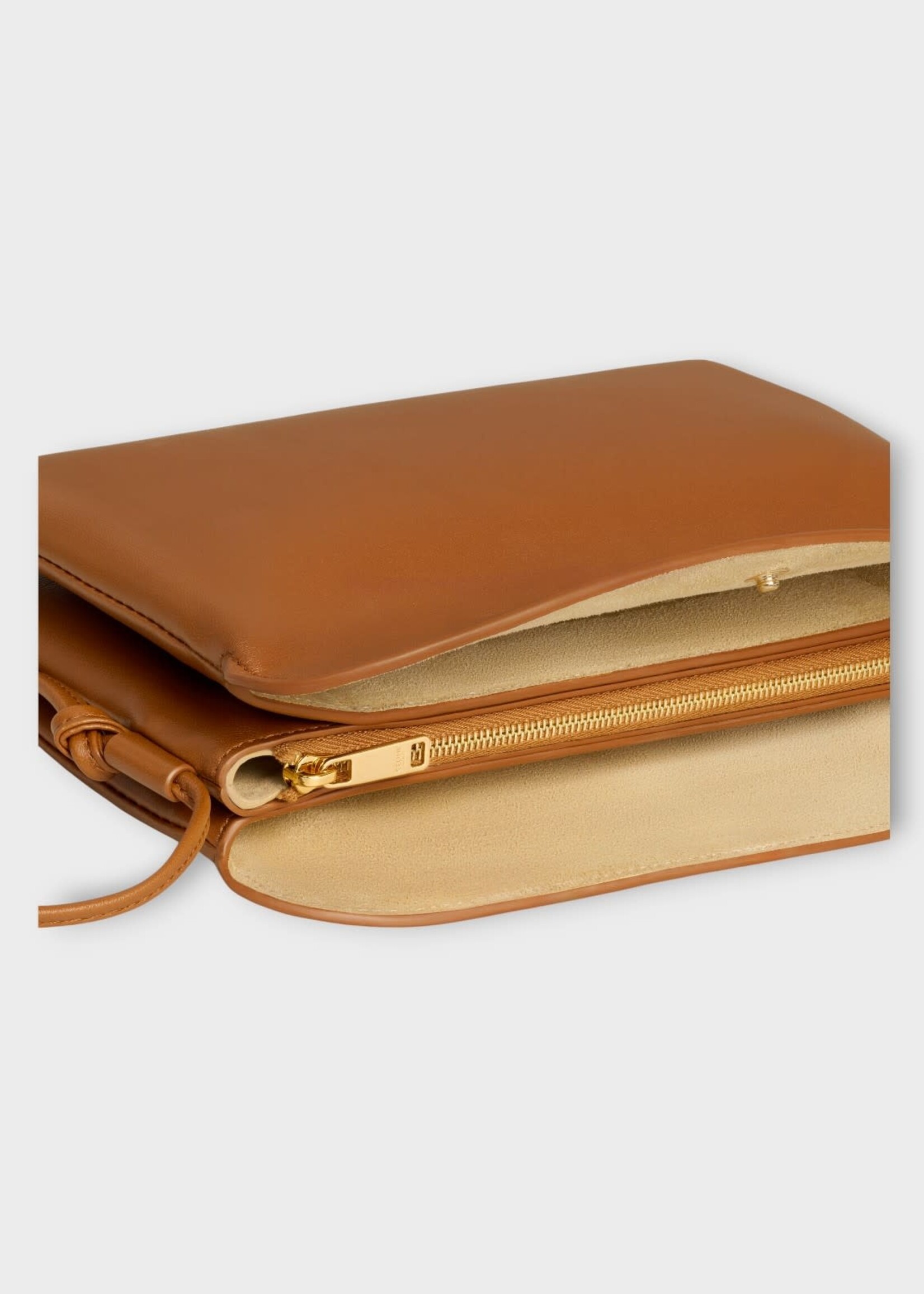 Celine Celine Bag, Brown, Trio Flap Lambskin Leather Shoulder Bag in Soft Tan