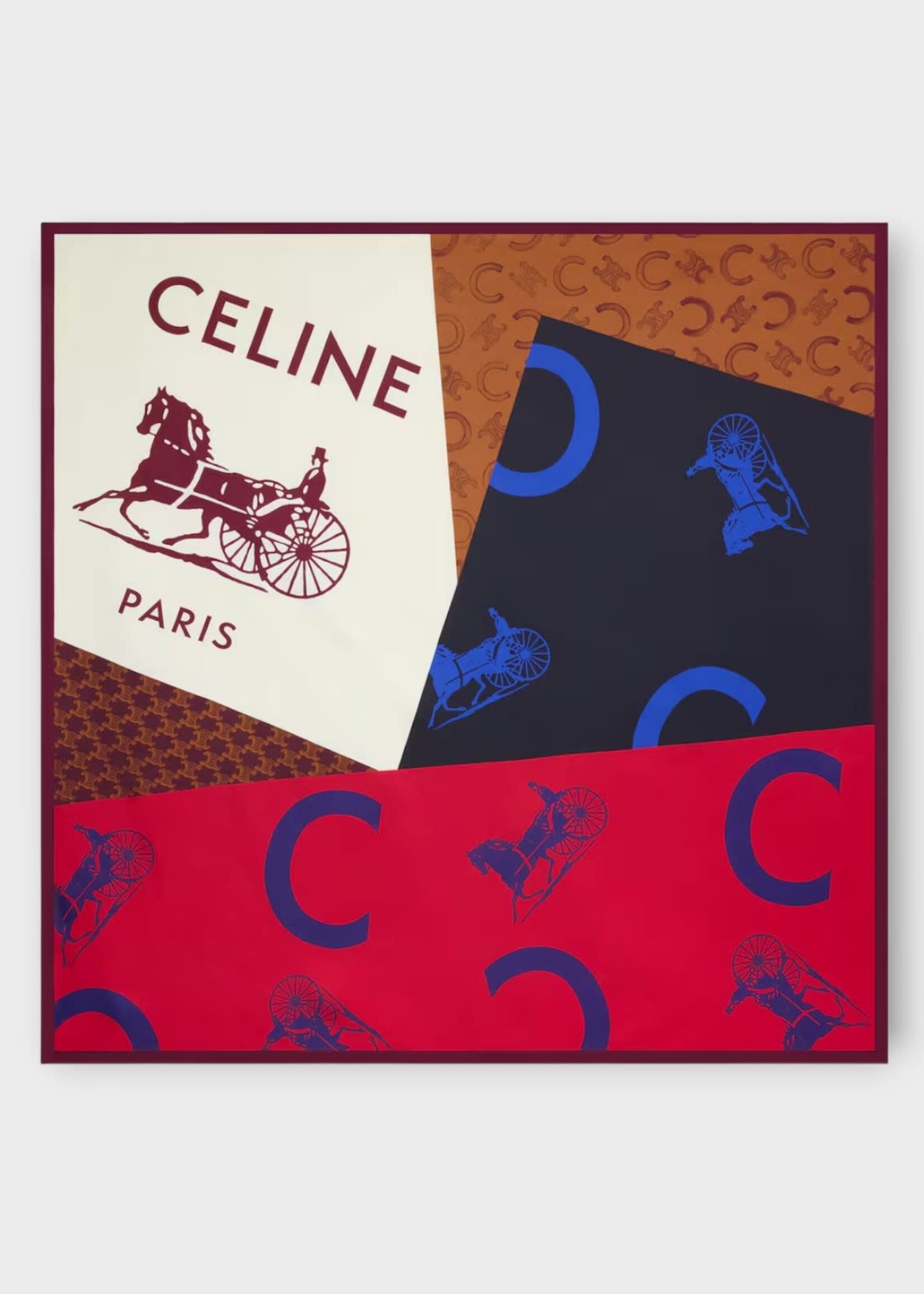 Celine Celine Scarf, Print, Printed Silk Twill 90x90Cm Square Scarf In Tan Red & Blue