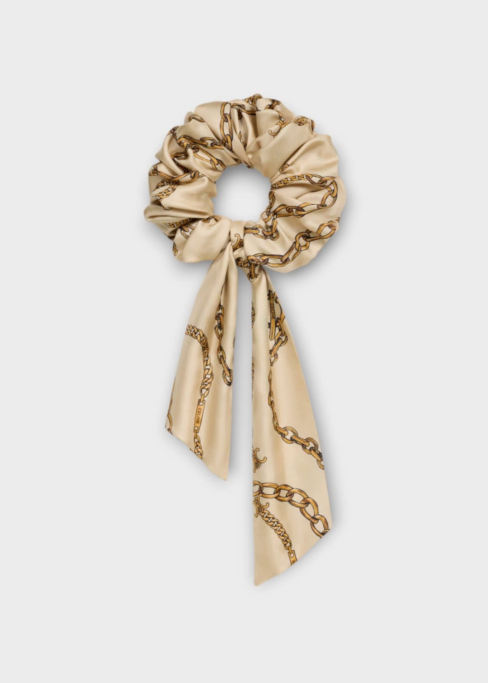 Celine Celine Hair Accessory, Beige, Silk Bow Scrunchy in Beige & Gold w/ Chains Print