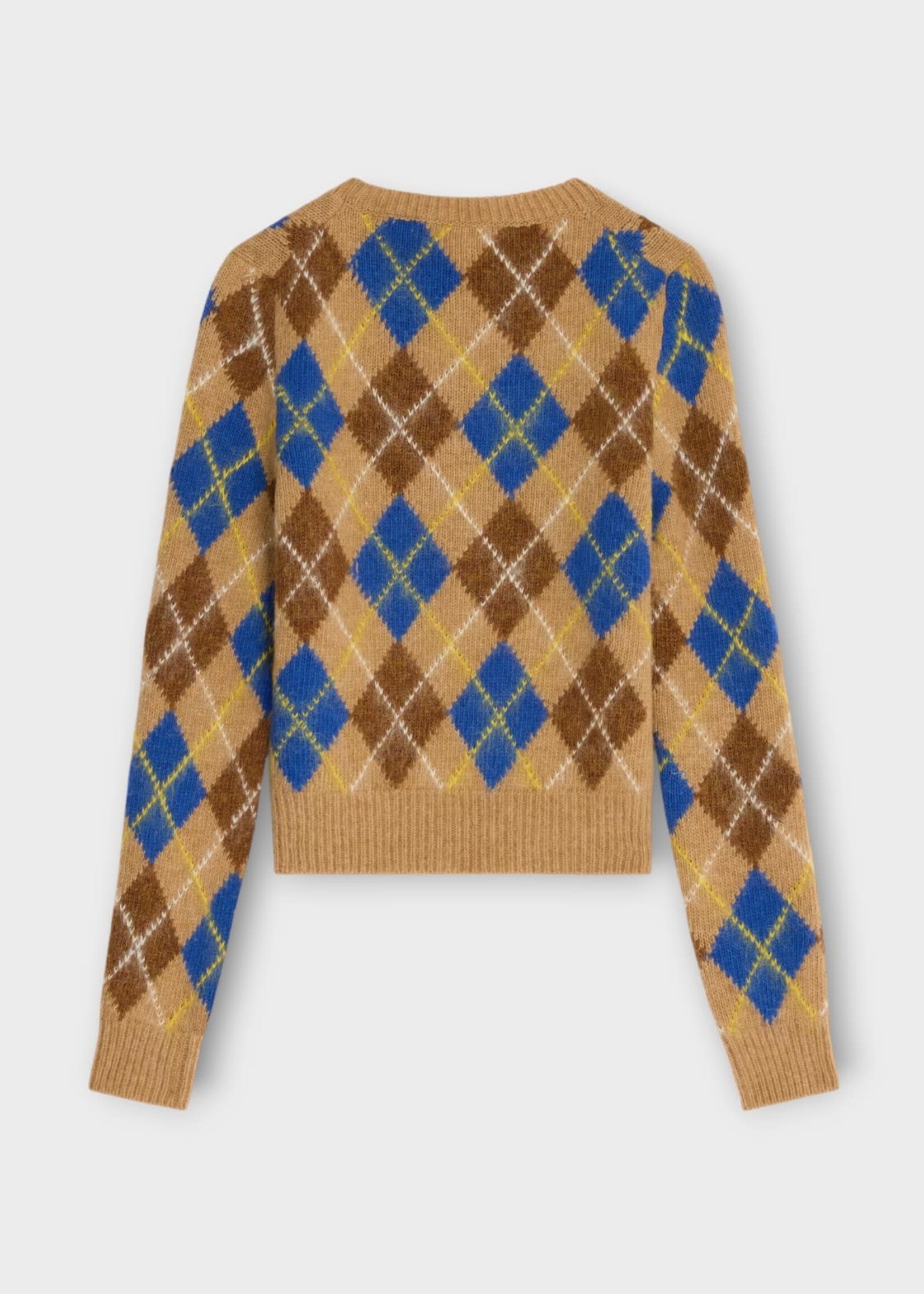 Celine Celine Knitwear, Multi, Argyle Wool Crewneck Sweater in Beige Brown & Blue