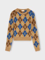 Celine Celine Knitwear, Multi, Argyle Wool Crewneck Sweater in Beige Brown & Blue