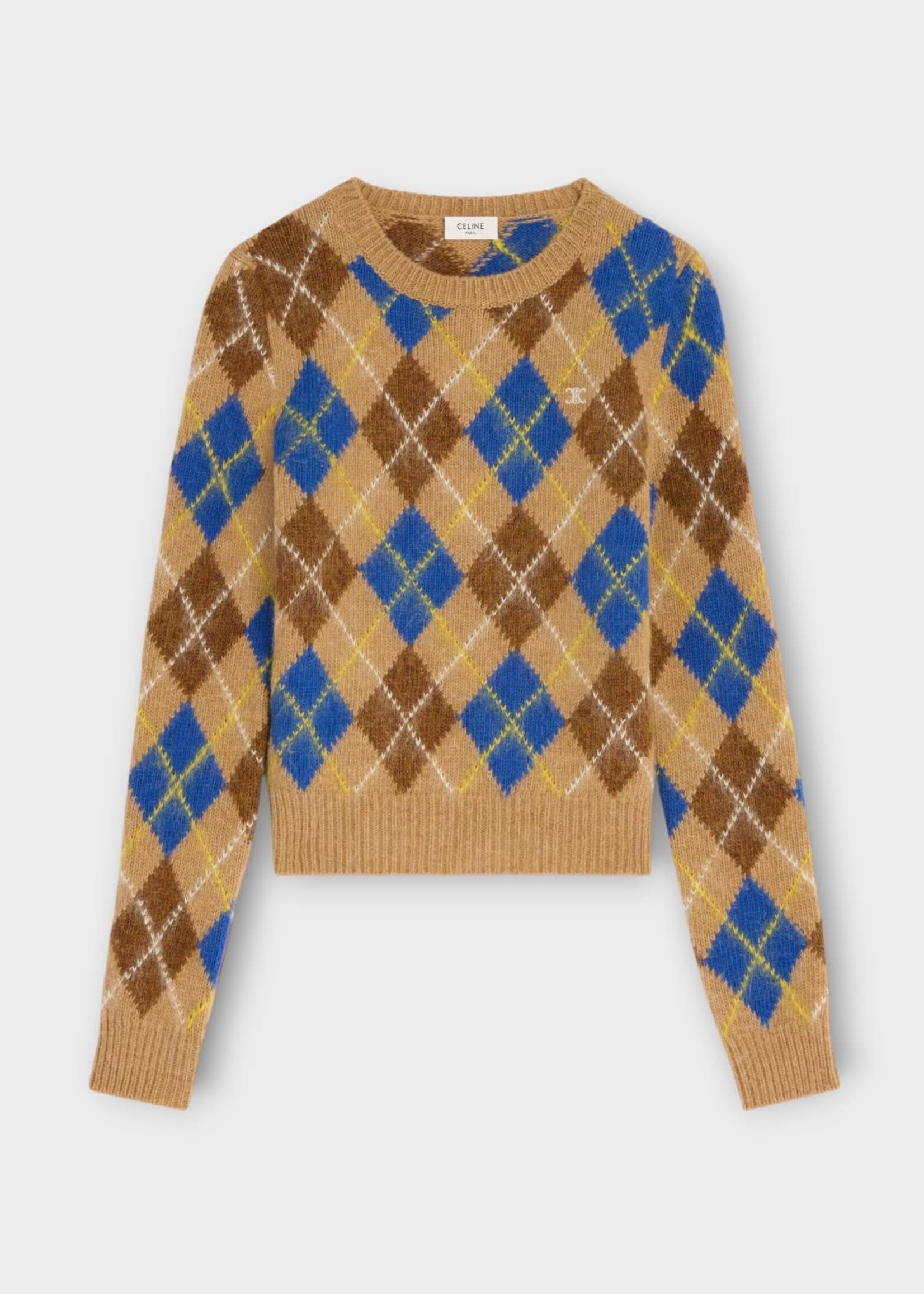 Celine Celine Knitwear, Multi, Argyle Wool Crewneck Sweater in Beige Brown & Blue