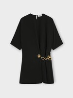 Celine Celine Dress, Black, Crew Neck Short Sleeve Wrap Mini Dress in Black w/ Chain Detail