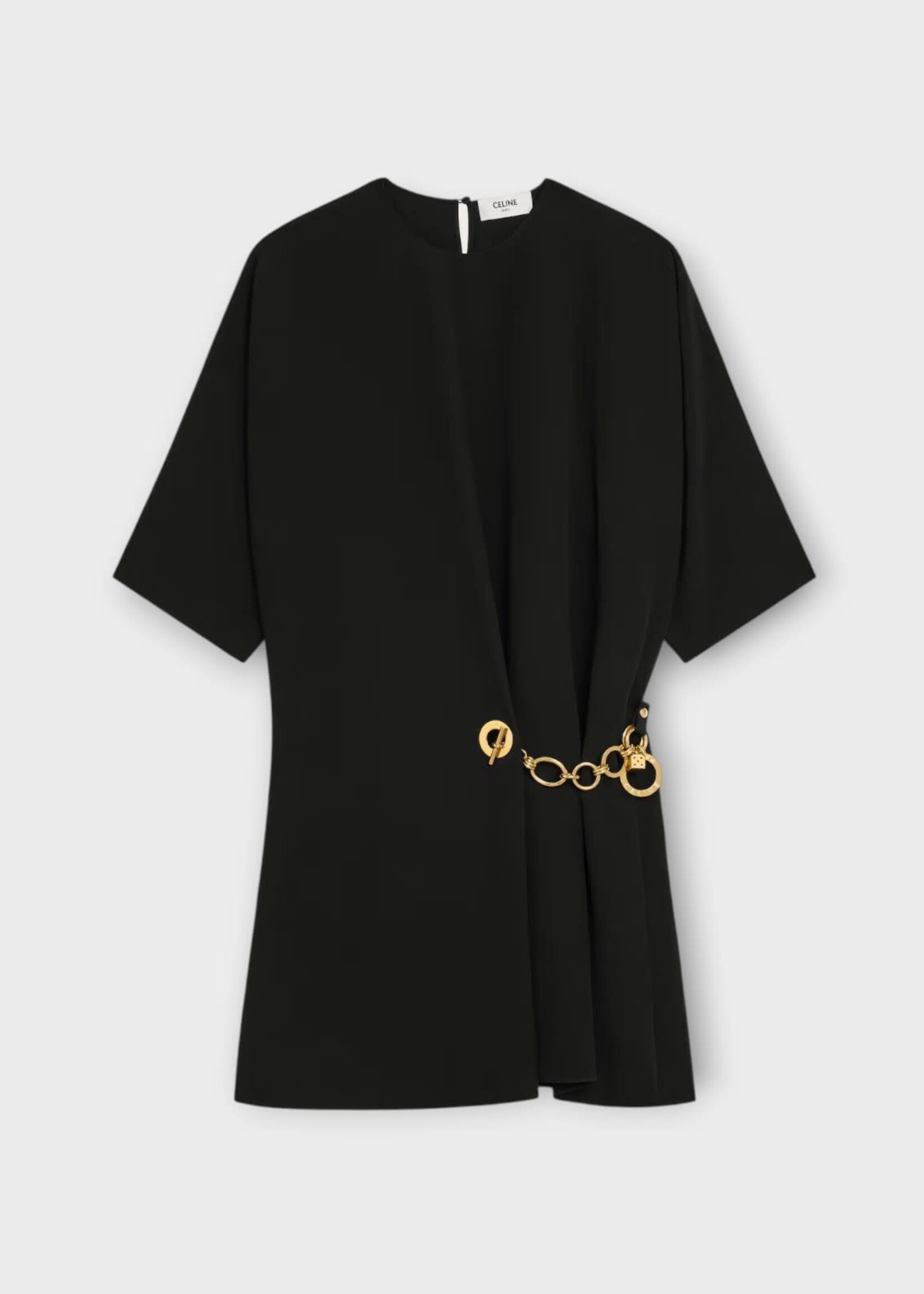 Celine Celine Dress, Black, Crew Neck Short Sleeve Wrap Mini Dress in Black w/ Chain Detail