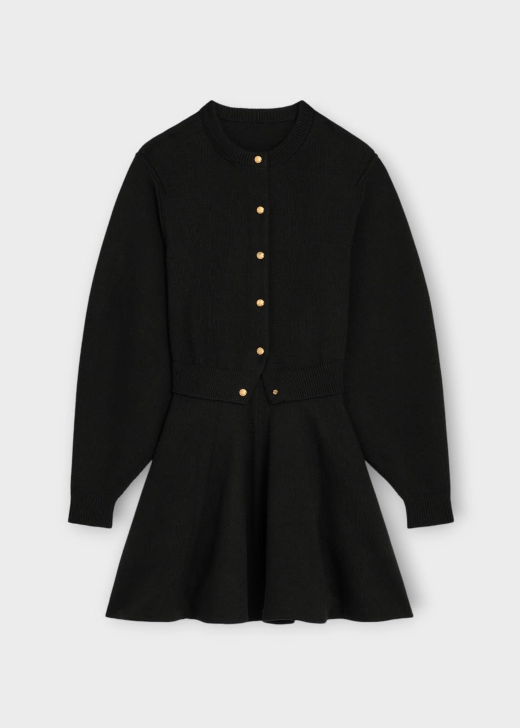 Celine Celine Dress, Black, Wool Crew Neck Long Sleeve Mini Dress in Black w/ Gold Buttons