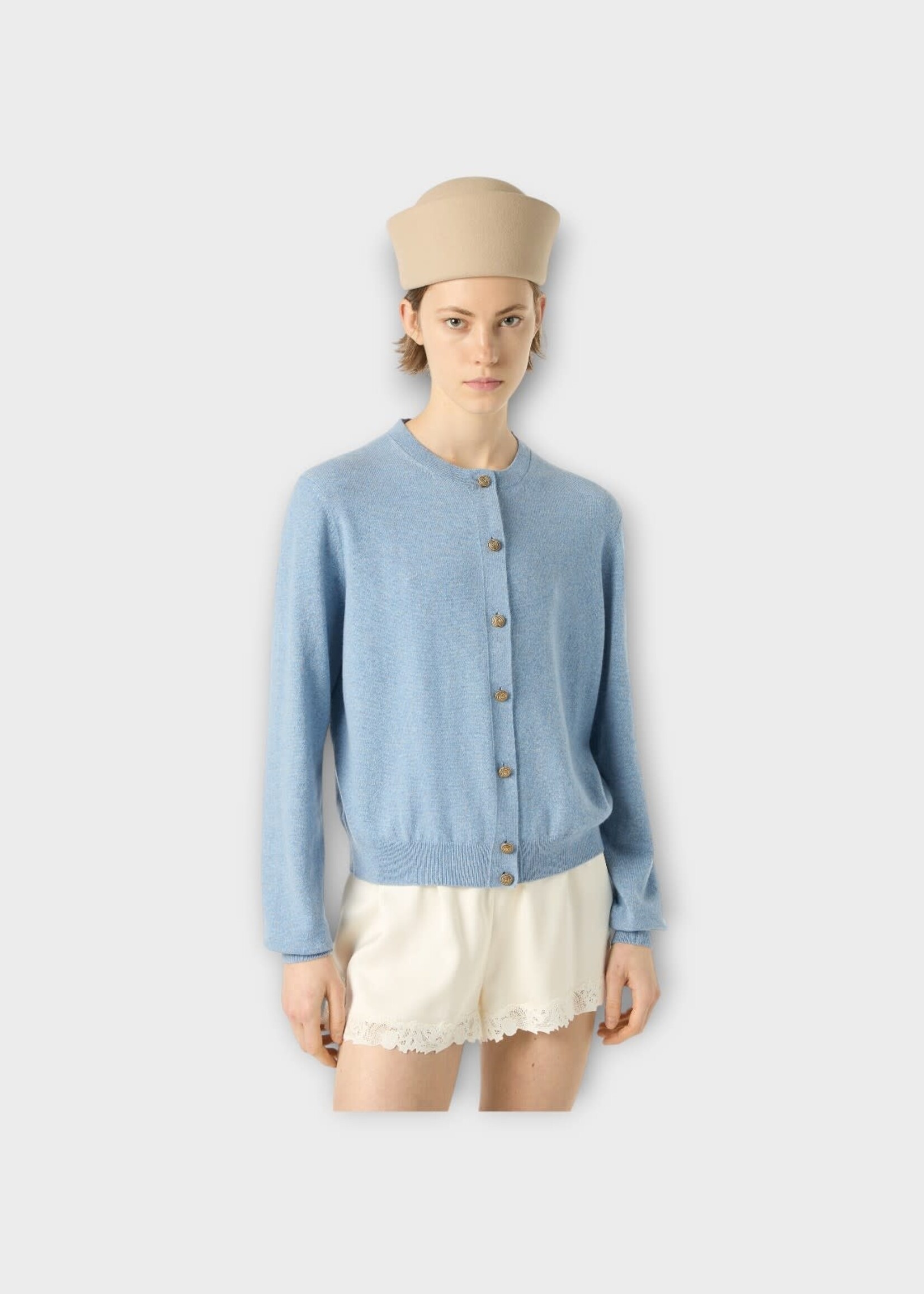 Loro Piana Loro Piana Knitwear, Blue, Cashmere Crew Neck Short Sleeve Sweater In Airy Sky Melange