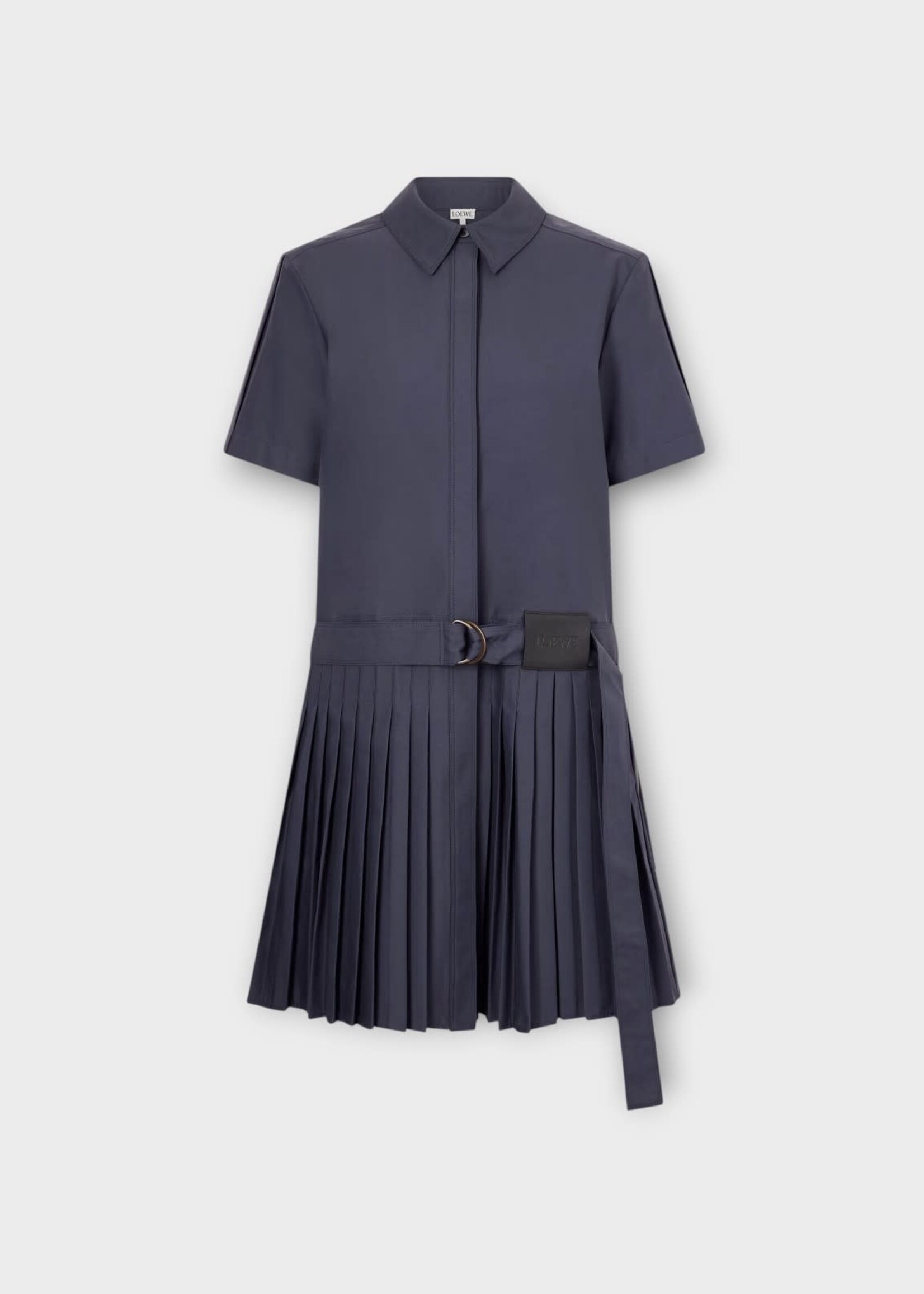 Loewe Loewe Dress, Navy, Cotton Shirt Pleated Belted Mini Dress In Navy Blue