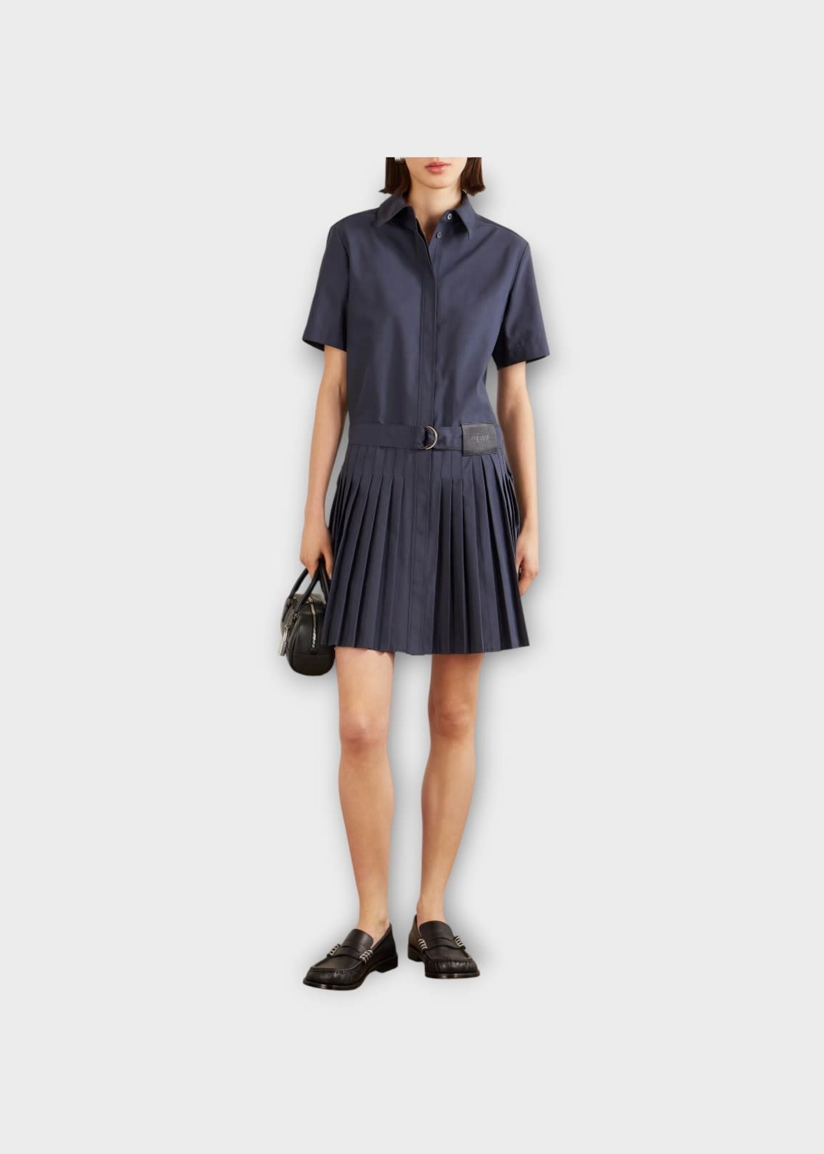 Loewe Loewe Dress, Navy, Cotton Shirt Pleated Belted Mini Dress In Navy Blue