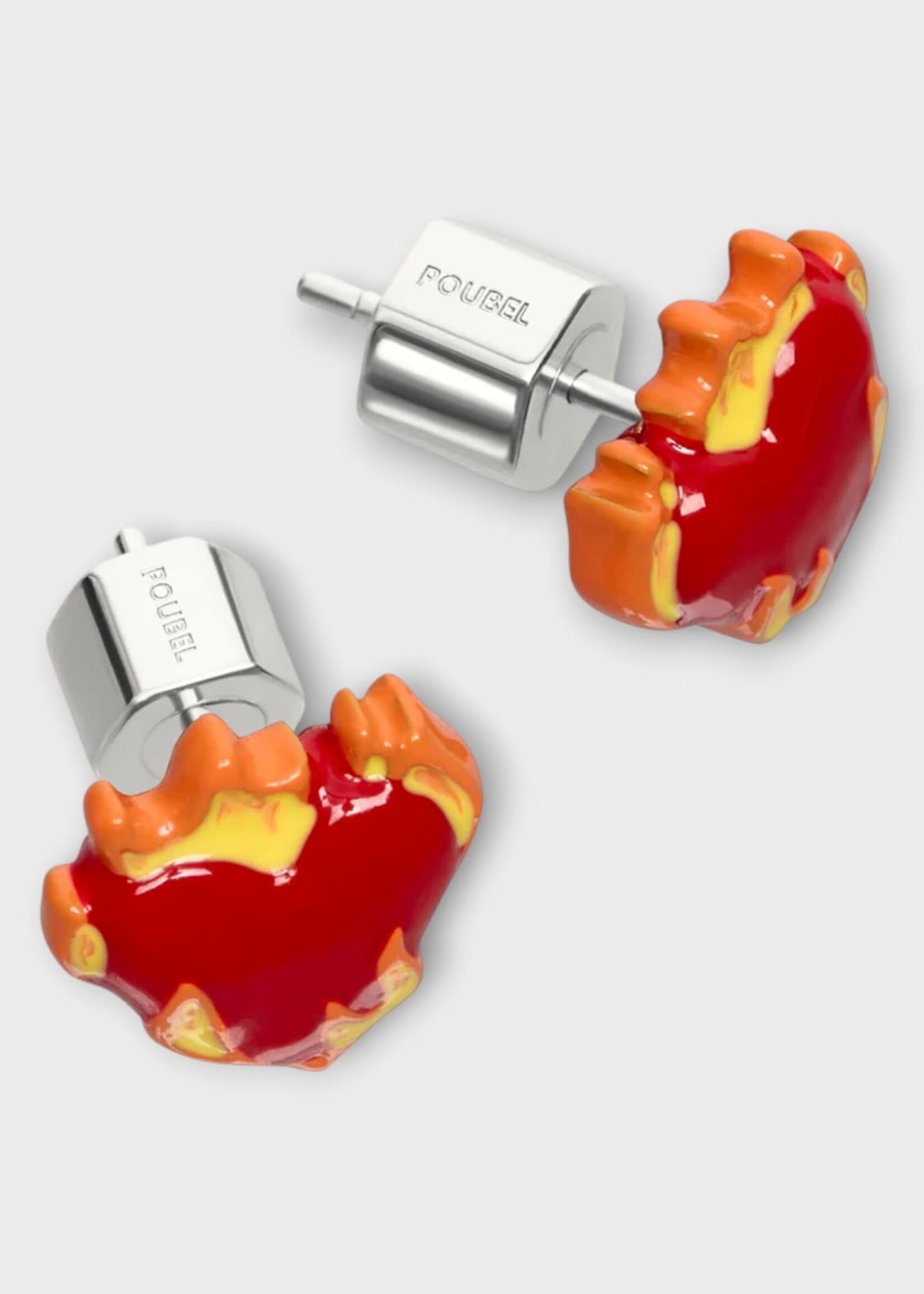 Poubel Poubel Earrings, Print, Heart on Fire Studs Painted Enamel w/ Sterling Silver