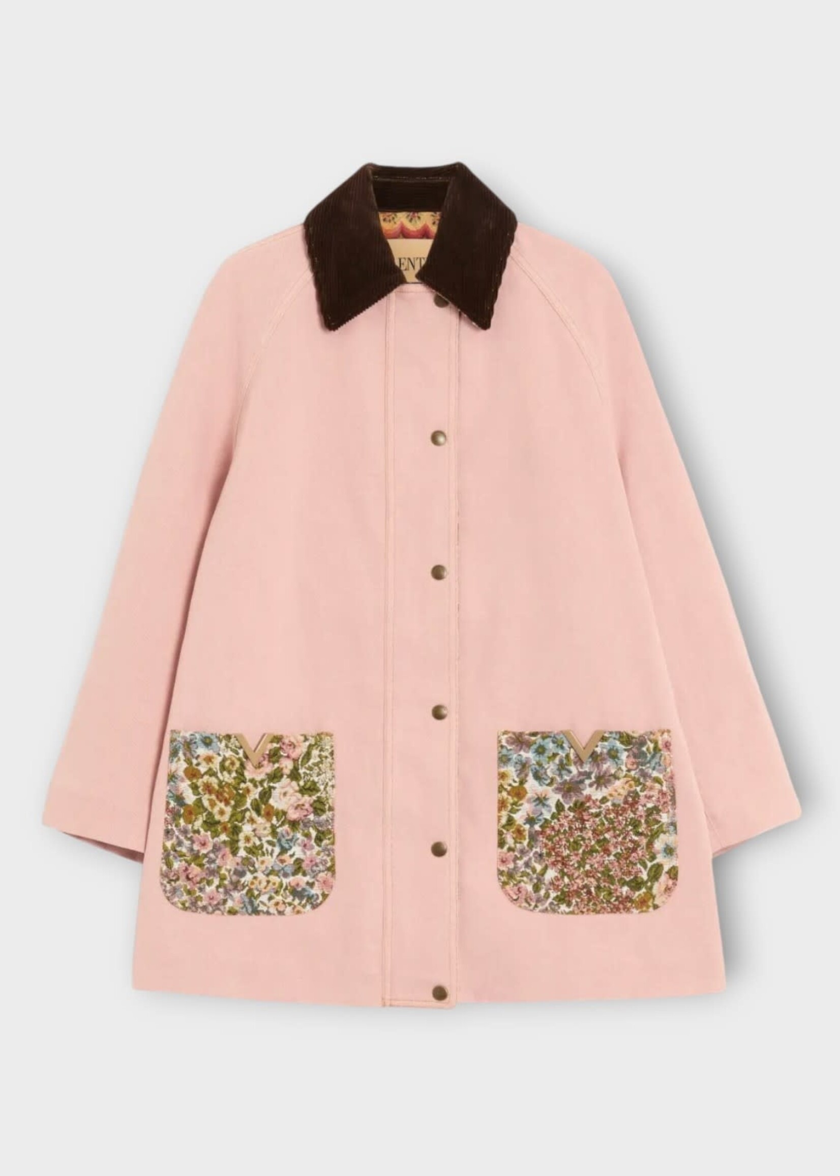 Valentino Valentino Jacket, Pink, Cotton Denim Solid Collared Caban In Old Rose w/ Flower Printed Pockets