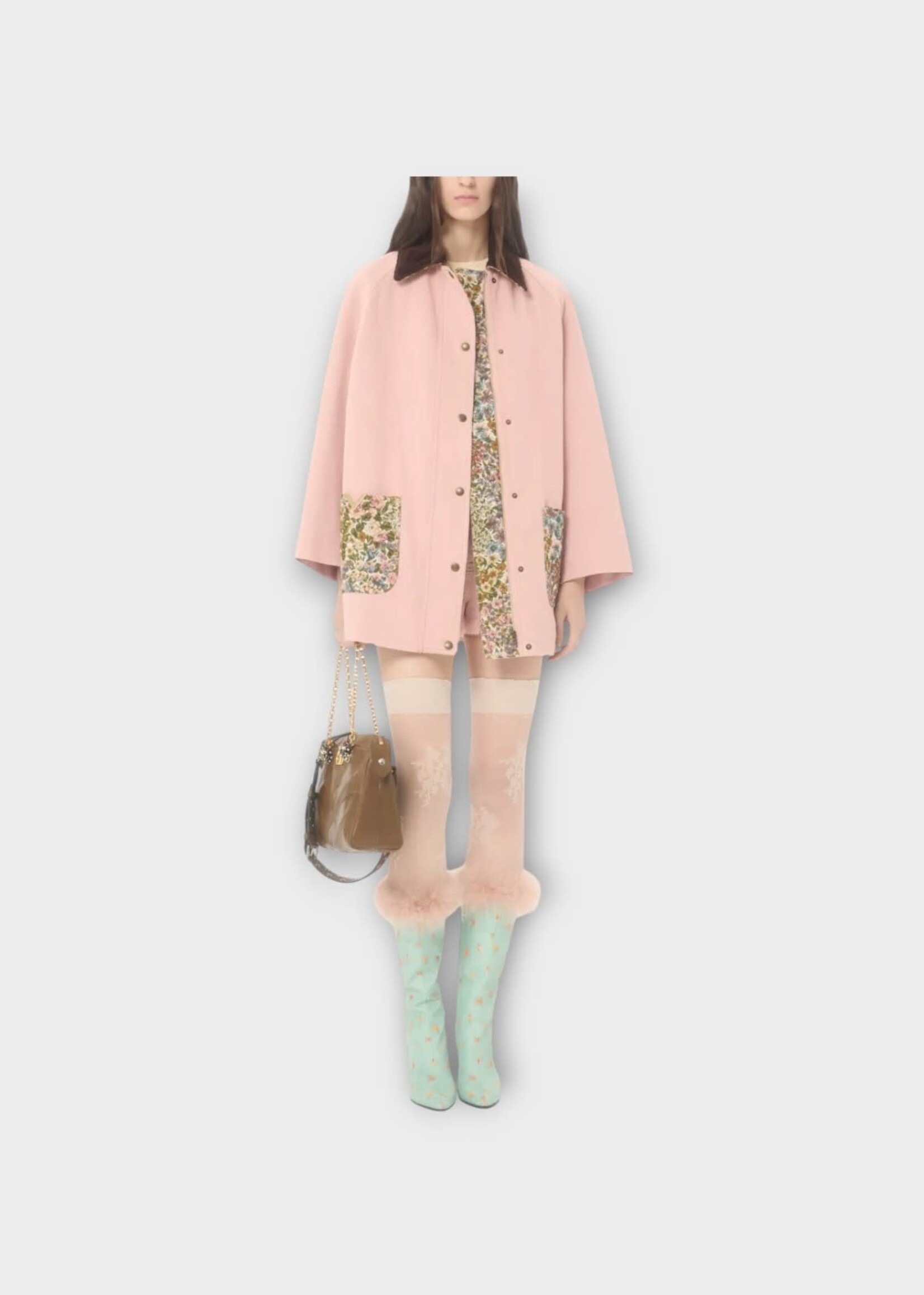 Valentino Valentino Jacket, Pink, Cotton Denim Solid Collared Caban In Old Rose w/ Flower Printed Pockets