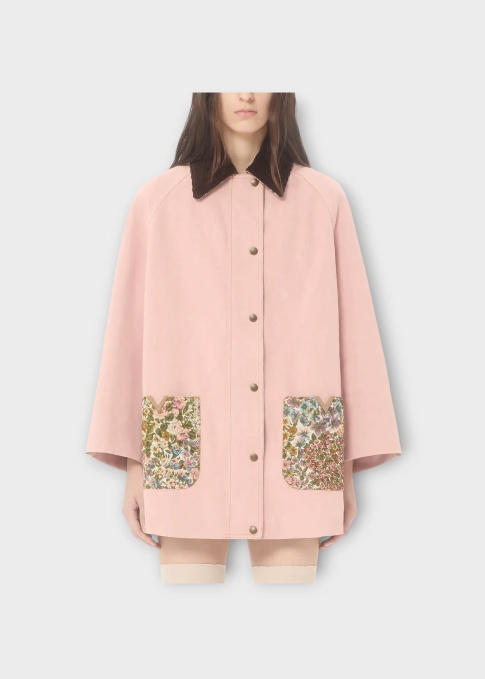 Valentino Valentino Jacket, Pink, Cotton Denim Solid Collared Caban In Old Rose w/ Flower Printed Pockets