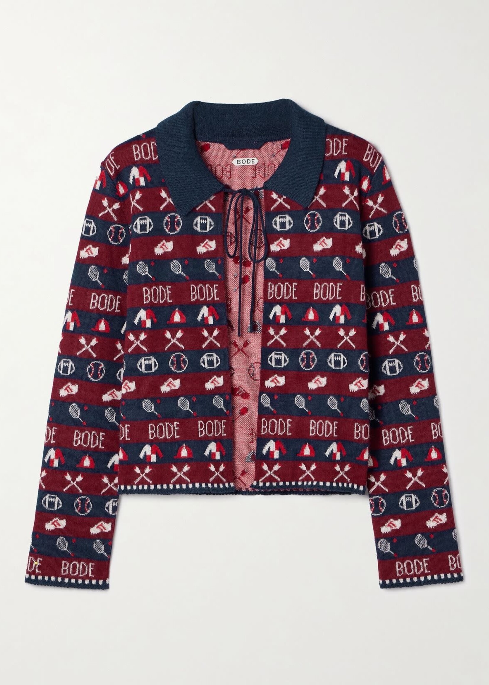 Bode Bode Knitwear, Navy, Baby Alpaca Collared Sporting Jacquard Cardigan In Navy & Maroon w/ Sport Motif