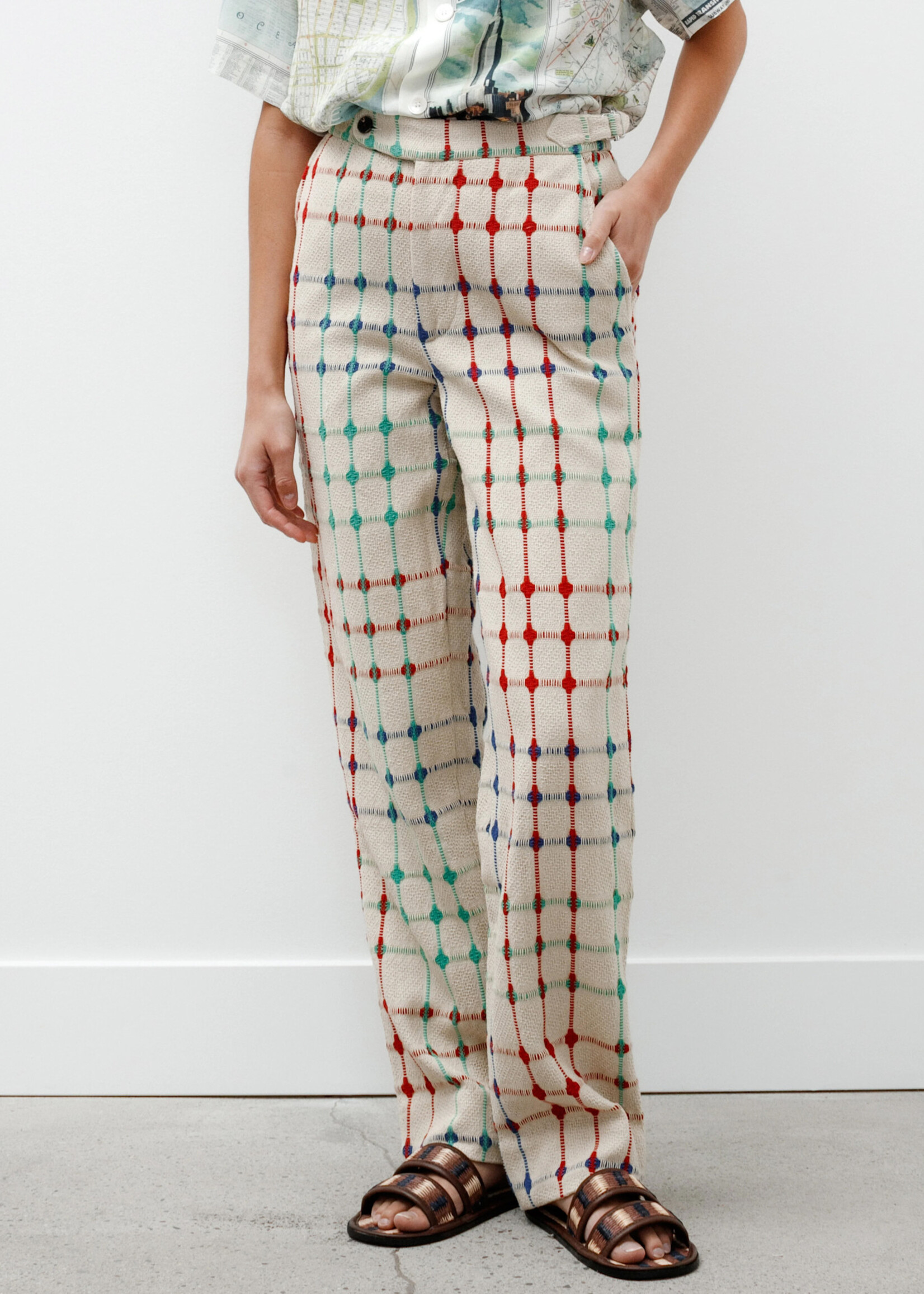 Bode Bode Trousers, Multi, Dobby Weave Cotton Mid Rise Traditional Cut Trousers in Beige w/ Geometric Print