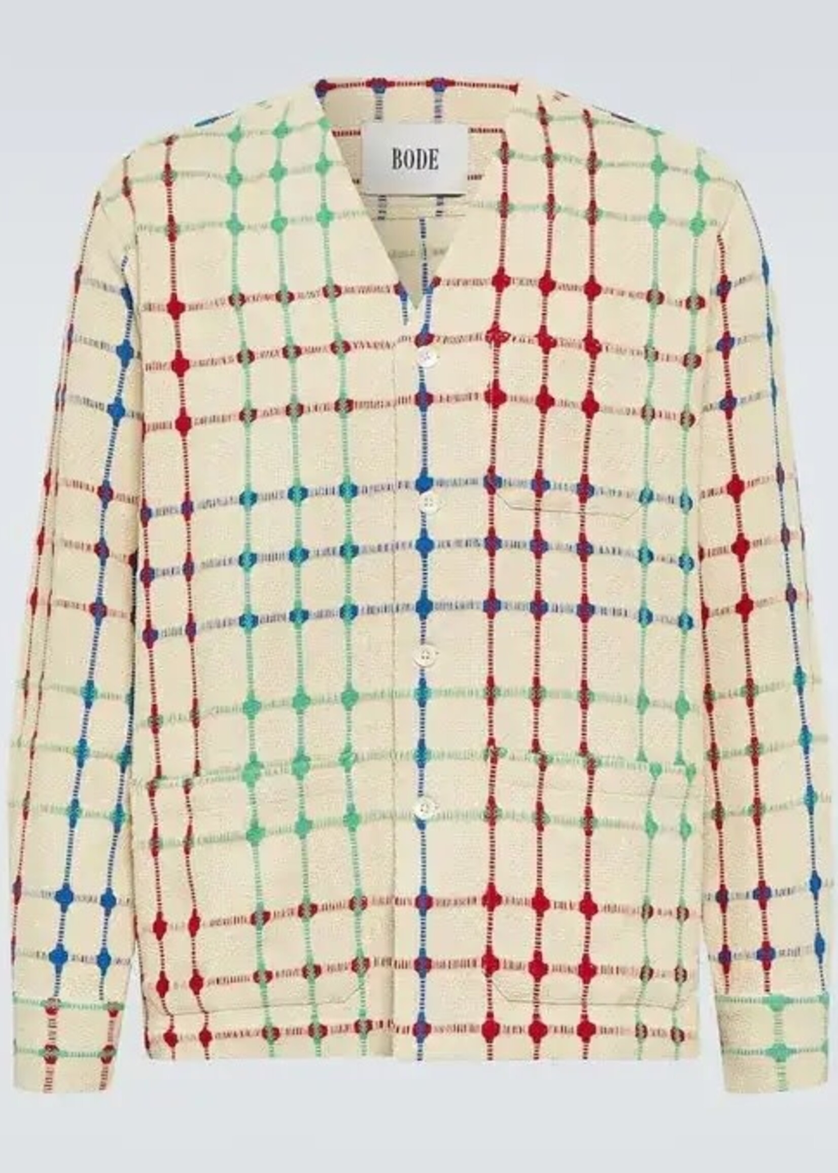 Bode Bode Jacket, Multi, Dobby Weave Cotton V-Neck Button Up Cardigan in Beige w/ Geometric Print