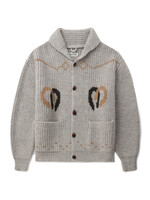 Bode Bode Knitwear, Grey, Pony Wool Collared Button Up Cardigan in Tan w/ Horseshoe