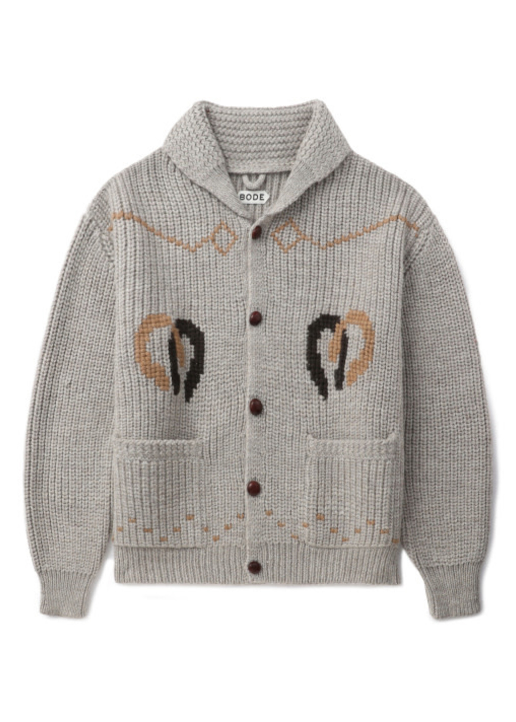 Bode Bode Knitwear, Grey, Pony Wool Collared Button Up Cardigan in Tan w/ Horseshoe