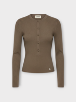 Alexandra Golovanoff AGT Knitwear, Brown, Auguste Wool Crew Neck Sweater in Bronze w/ Buttons