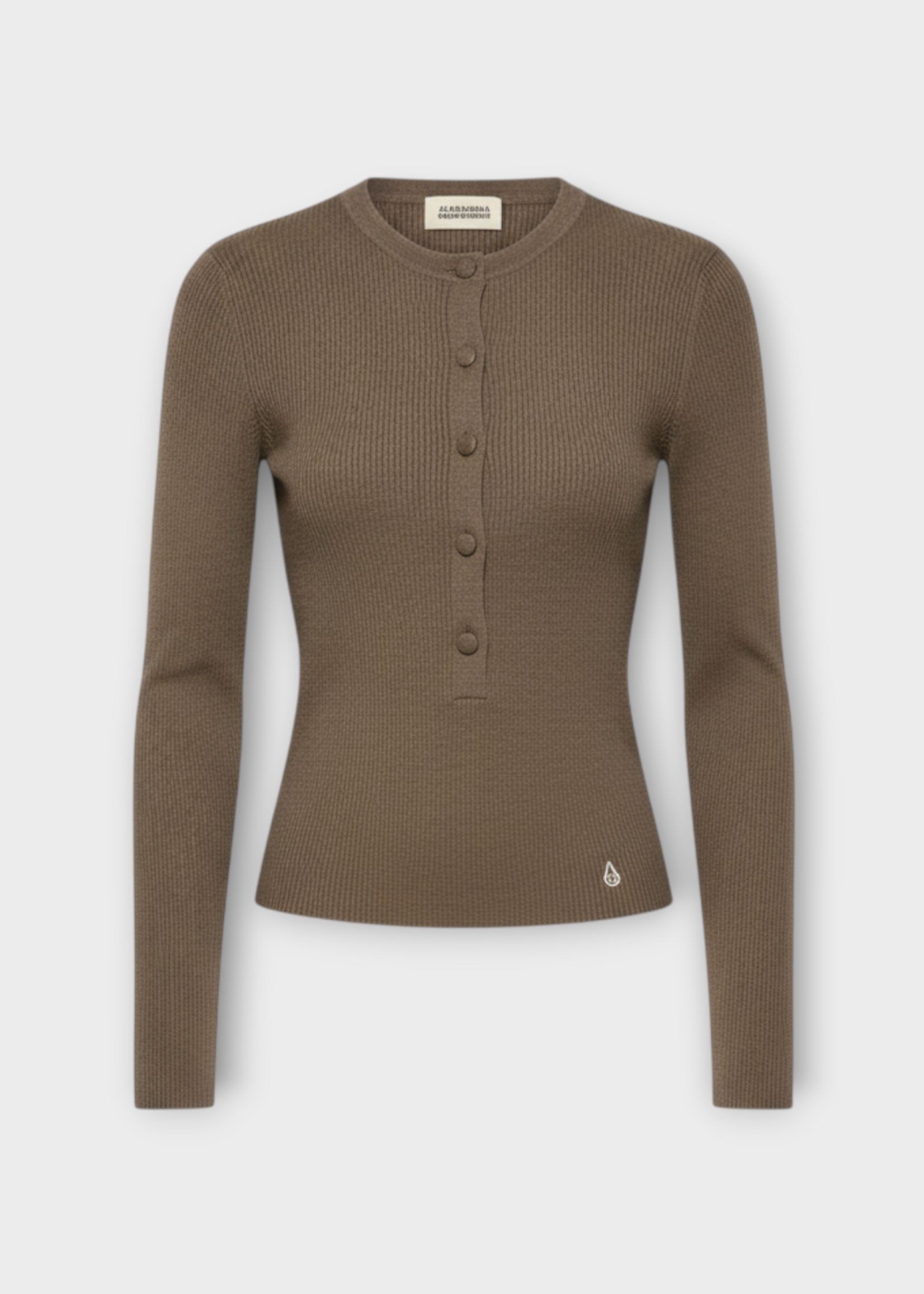 Alexandra Golovanoff AGT Knitwear, Brown, Auguste Wool Crew Neck Sweater in Bronze w/ Buttons