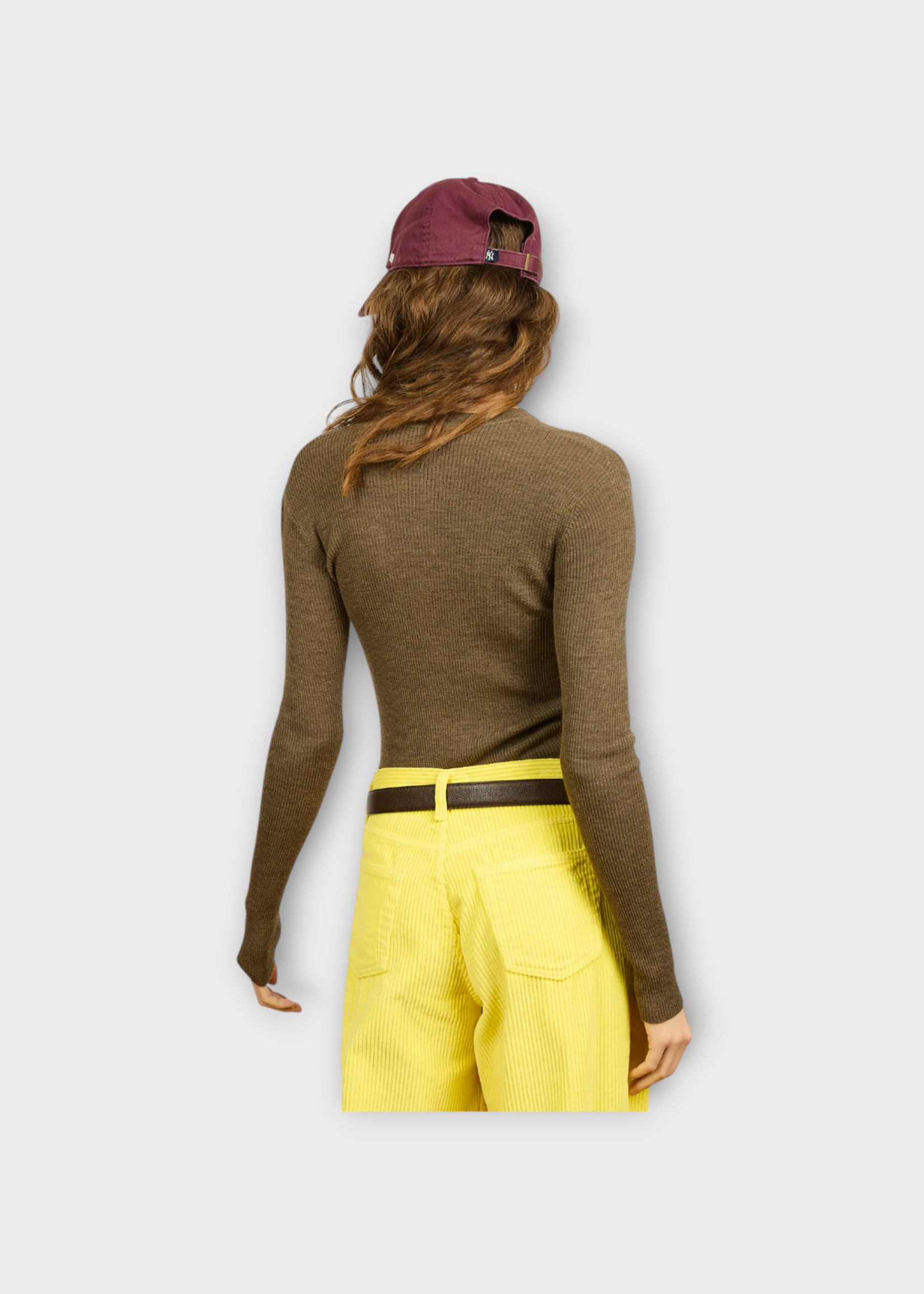 Alexandra Golovanoff AGT Knitwear, Brown, Auguste Wool Crew Neck Sweater in Bronze w/ Buttons