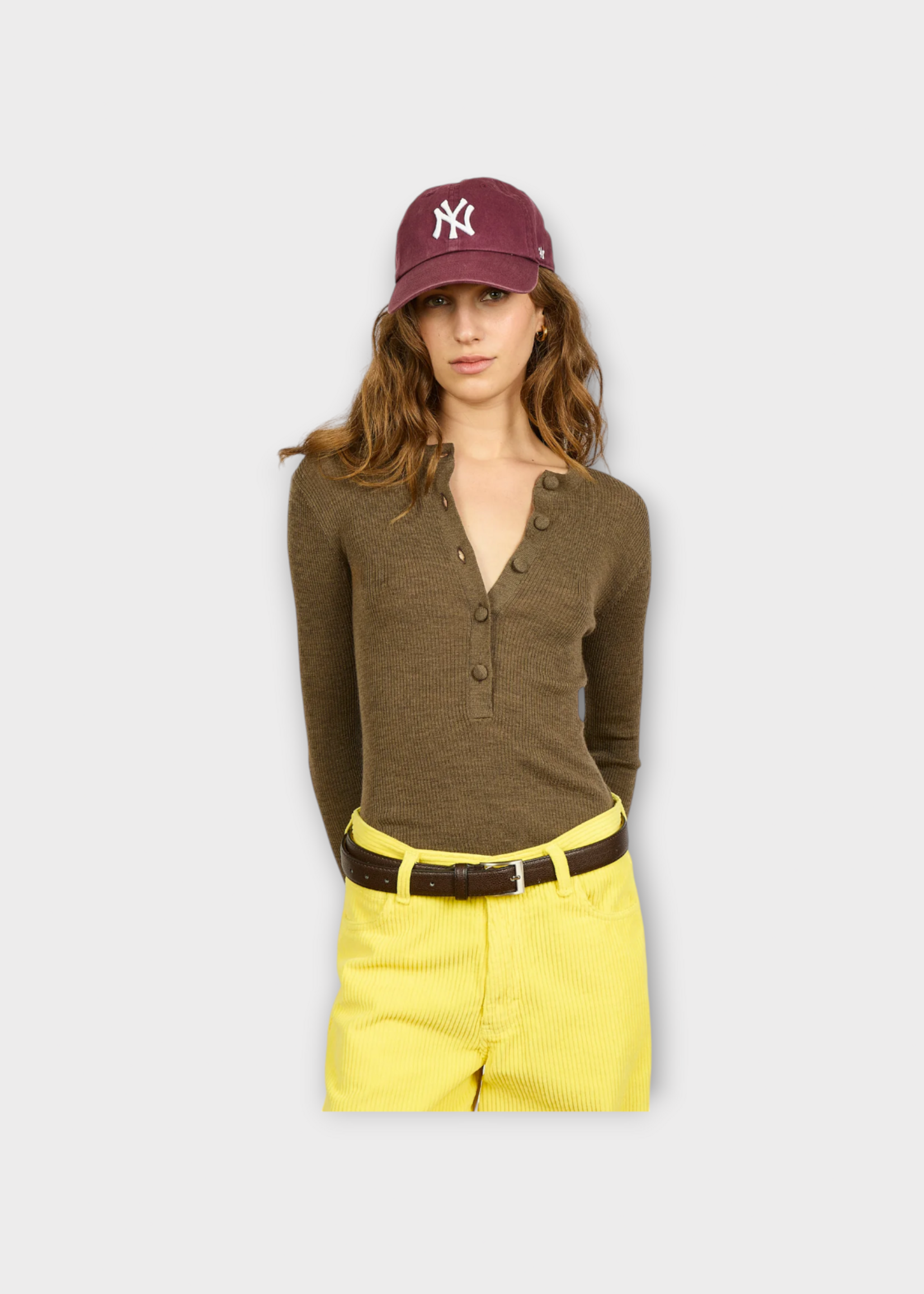 Alexandra Golovanoff AGT Knitwear, Brown, Auguste Wool Crew Neck Sweater in Bronze w/ Buttons